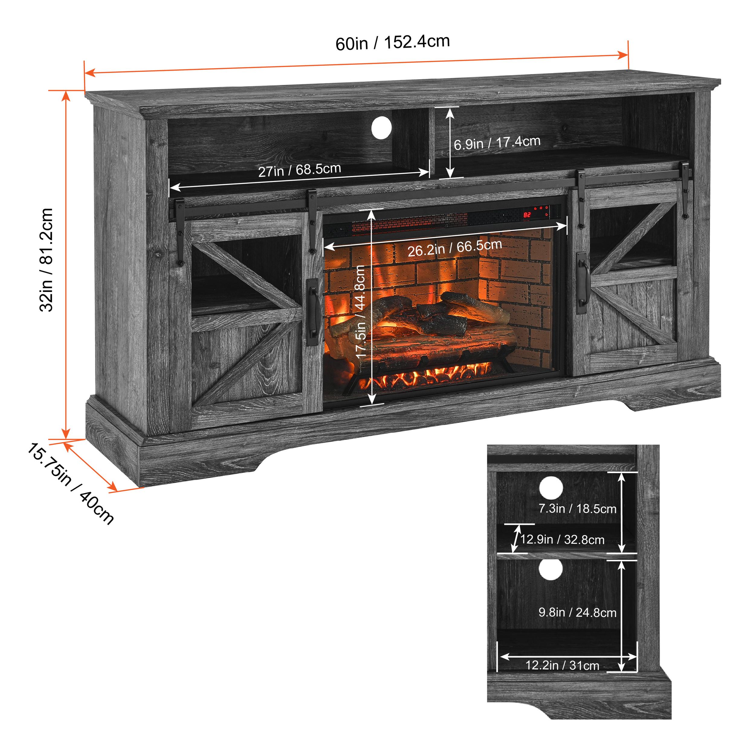 60" Electric Fireplace Entertainment Center with Door Sensor, Adjustable Shelves, Remote Control, 60" L x 16" W x 32" H, Dark Oak