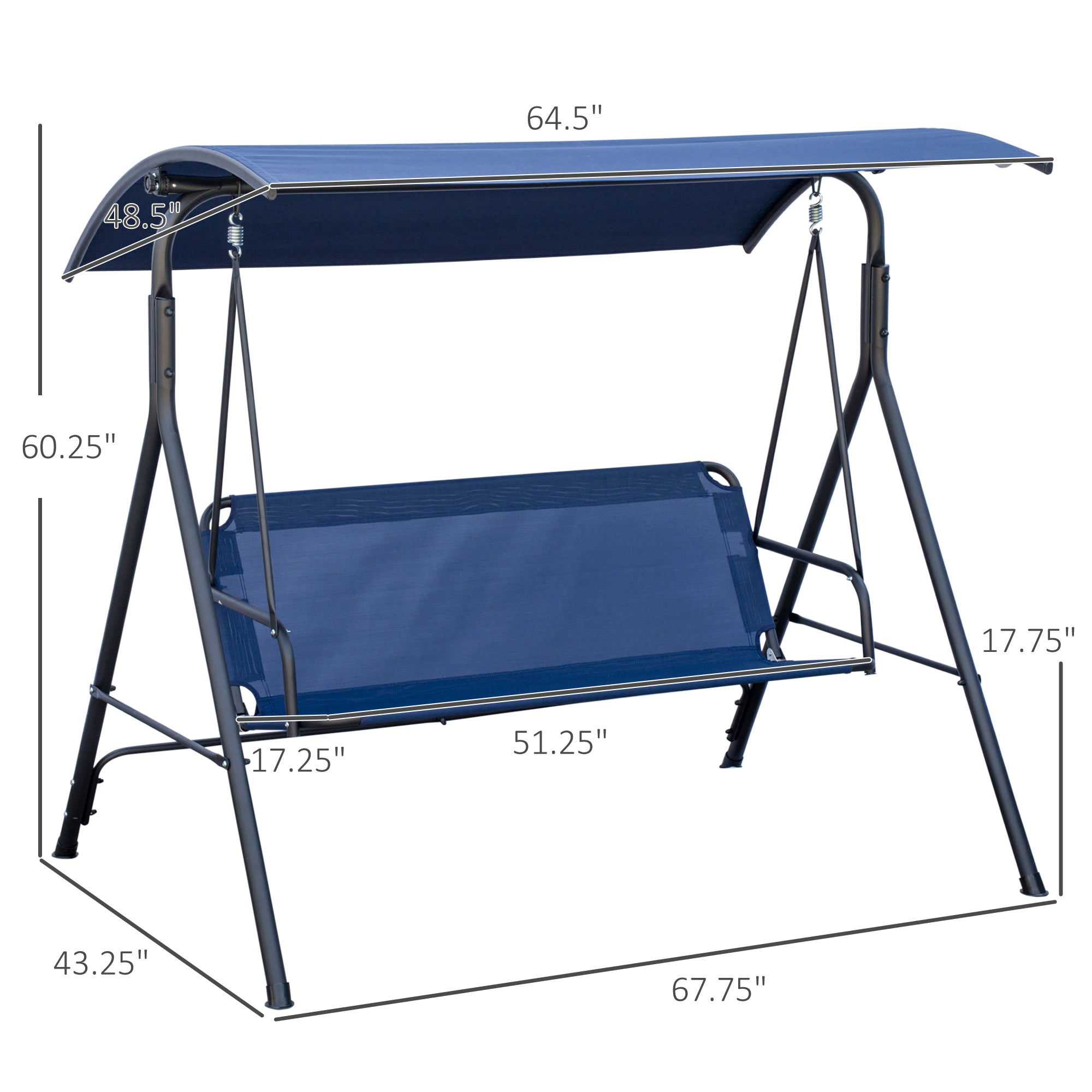 3-Person Porch Swing with Stand, Outdoor Swing for Patio Porch with Adjustable Tilt Canopy and Comfortable Swing Bench-Style Seat, Steel Frame, Dark Blue