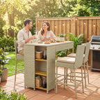 5 Piece Wicker Outdoor Bar Set, Acacia Wood Outdoor High Top Table and Chairs with 3 Tier Shelves, Cushions, Brown