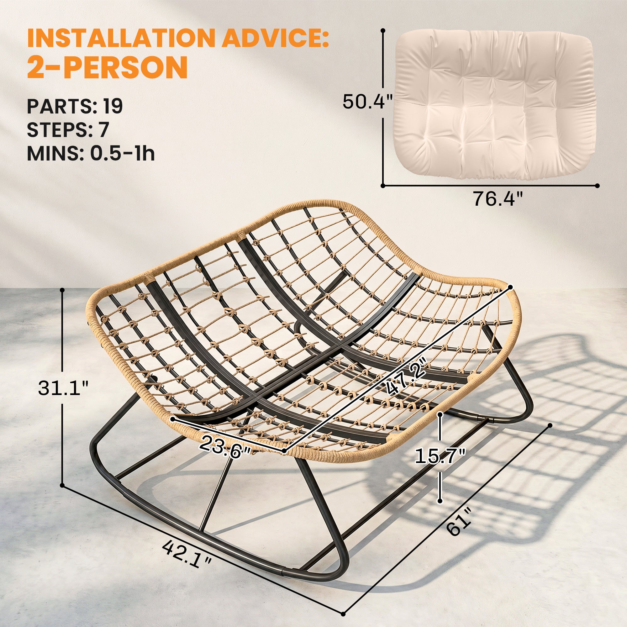 Indoor Outdoor Double Papasan Rocking Chair, Oversized Rocking Egg Chair with Cushion for Garden, Patio, Cream White