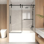 Sliding Bathtub Door with Waterproof Seals and Tempered Glass, Bathroom Door with Towel Bar Handle, 60" L x 0.5" W x 66" H, Matte Black