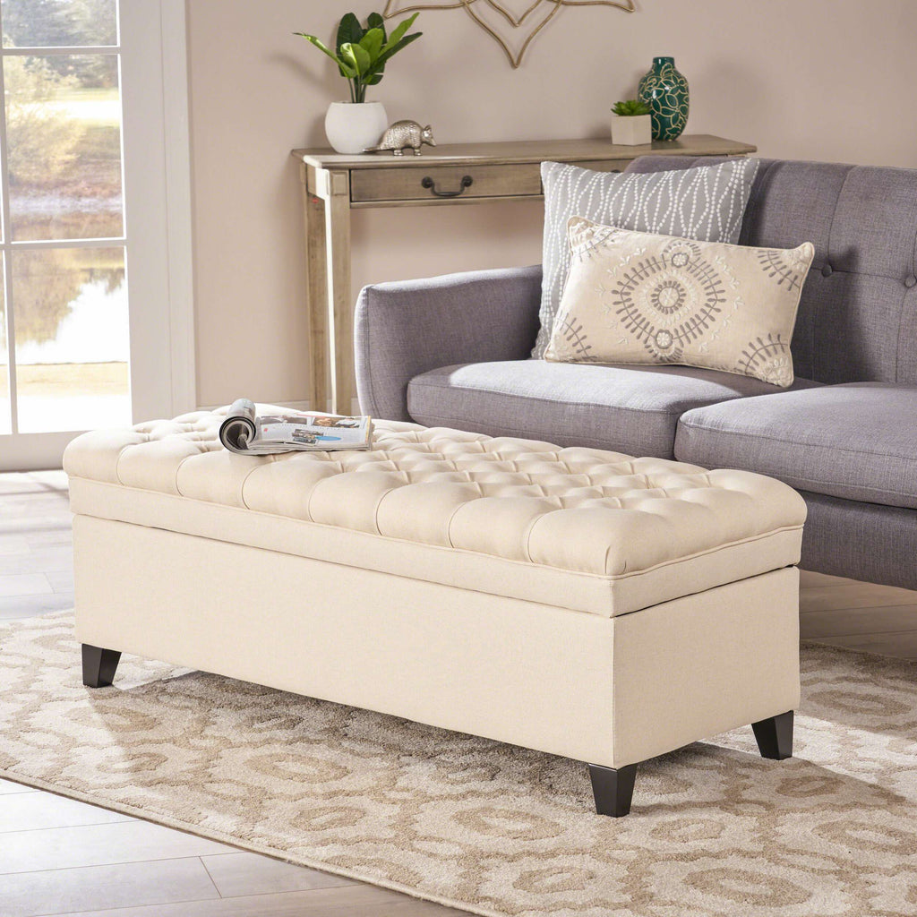 Storage Ottoman with Birch Legs, Hand-Tufted Fabric, 50" L x 20.5" W x 18.25" H, Spot Clean, Beige