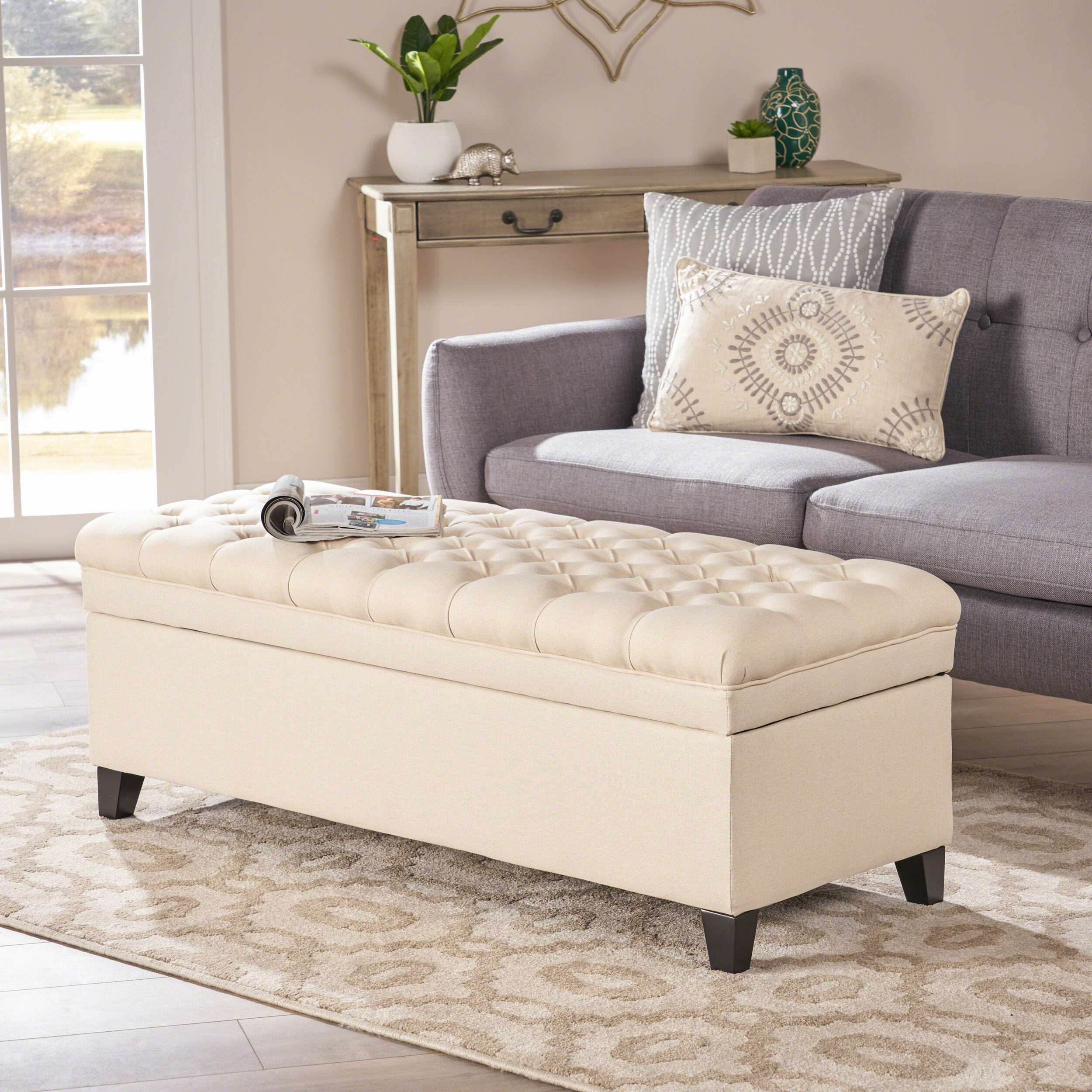 Storage Ottoman with Birch Legs, Hand-Tufted Fabric, 50" L x 20.5" W x 18.25" H, Spot Clean, Beige