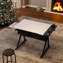 Adjustable Drafting Table Desk with Tilt Top, 2 Large Fabric Drawers, Drawing Desk with Side Pen Storage, 38.5" L x 23.5" W x 27" - 36" H, White