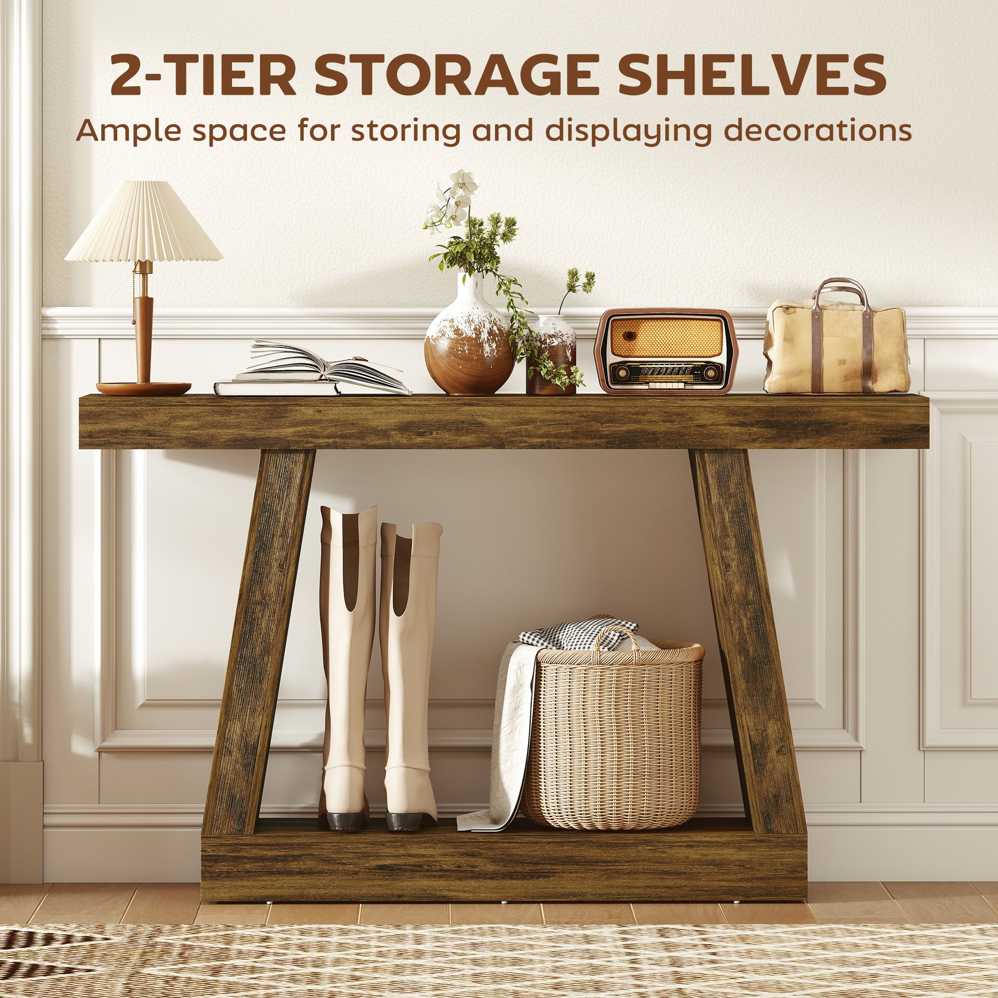 55" Farmhouse Console Table, 2-Tier Entryway Table with Storage for Hallway, Living Room, Behind Couch, Rustic Brown