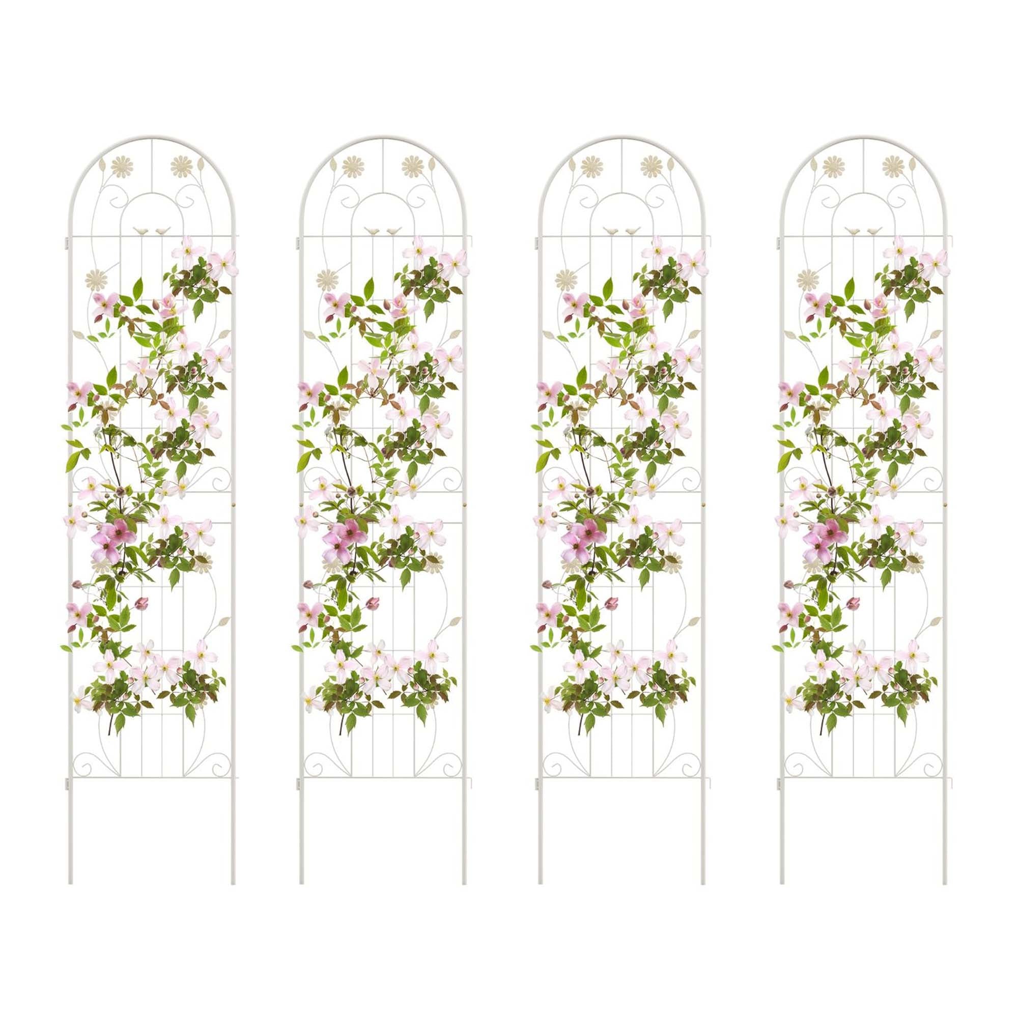 4 Pack Metal Garden Trellis with Bird and Flower Decorations, Rustproof Climbing Plant Support, 87" High, Cream White
