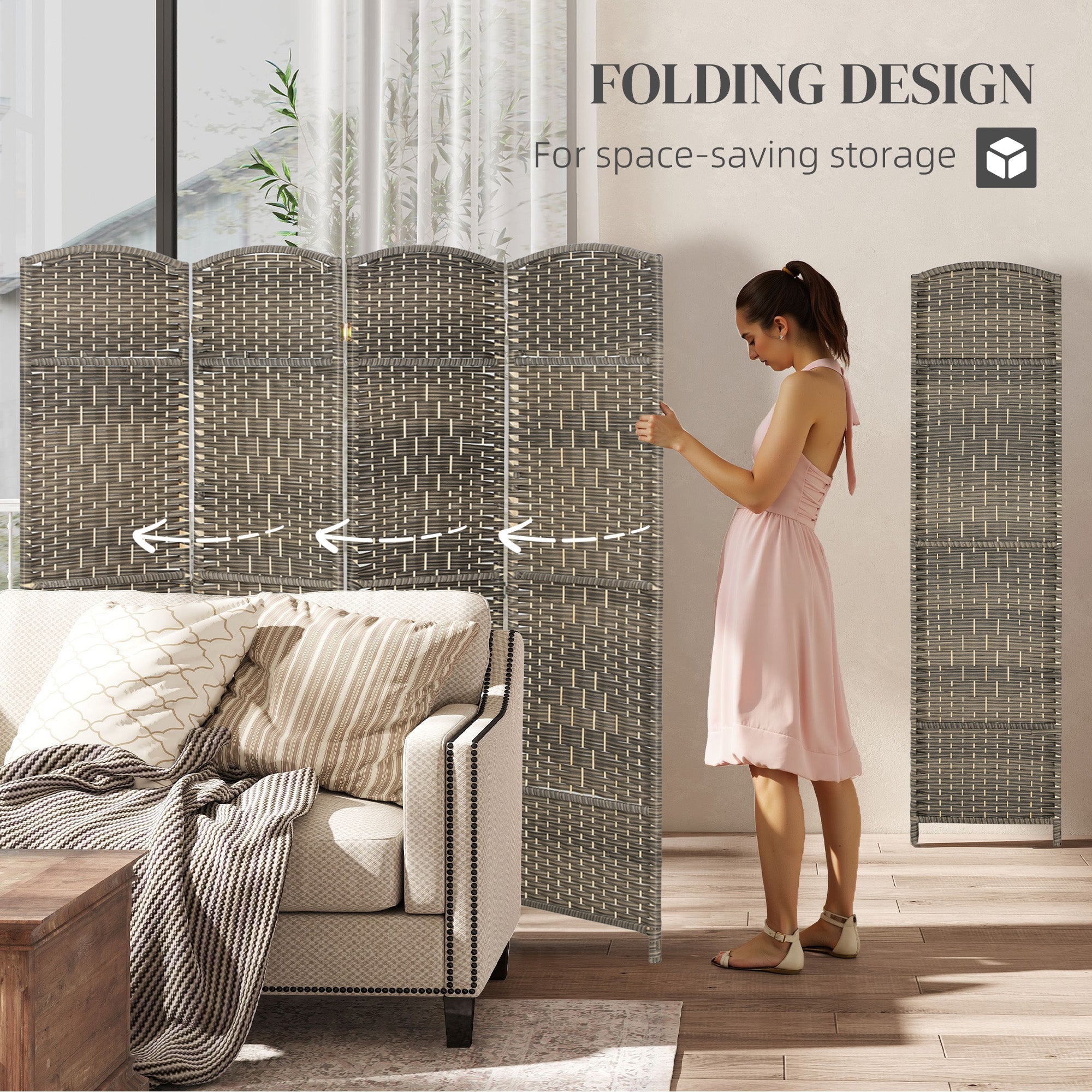 Folding Room Divider Screen 4 Panel 6' Tall Privacy Screen Freestanding Wood Partition for Home Office, Dark Rustic Oak