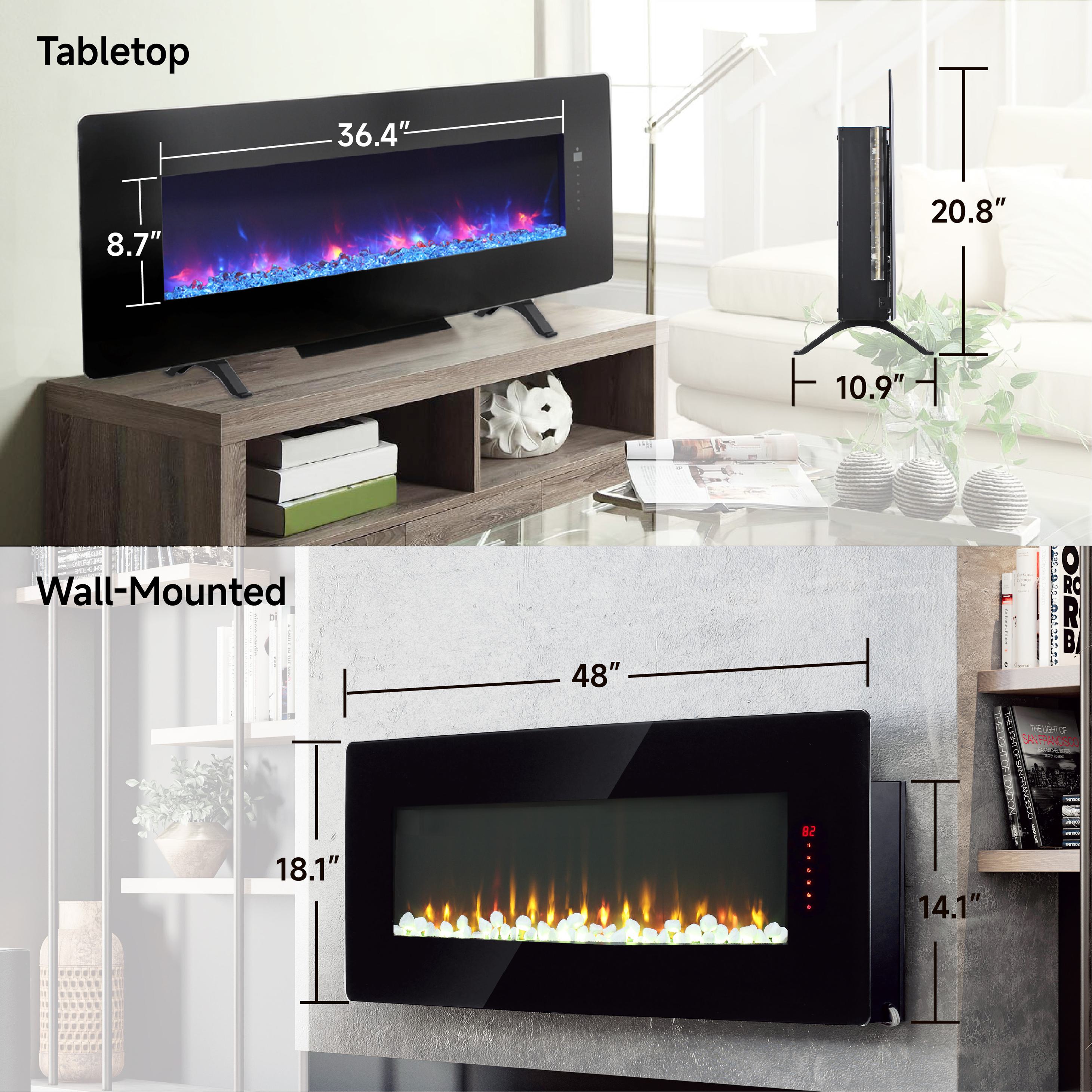 48" Remote Curved Wall Mounted Electric Fireplace with Multi-Color Flame, Ember Bed, and Adjustable Backlight, Antique Black
