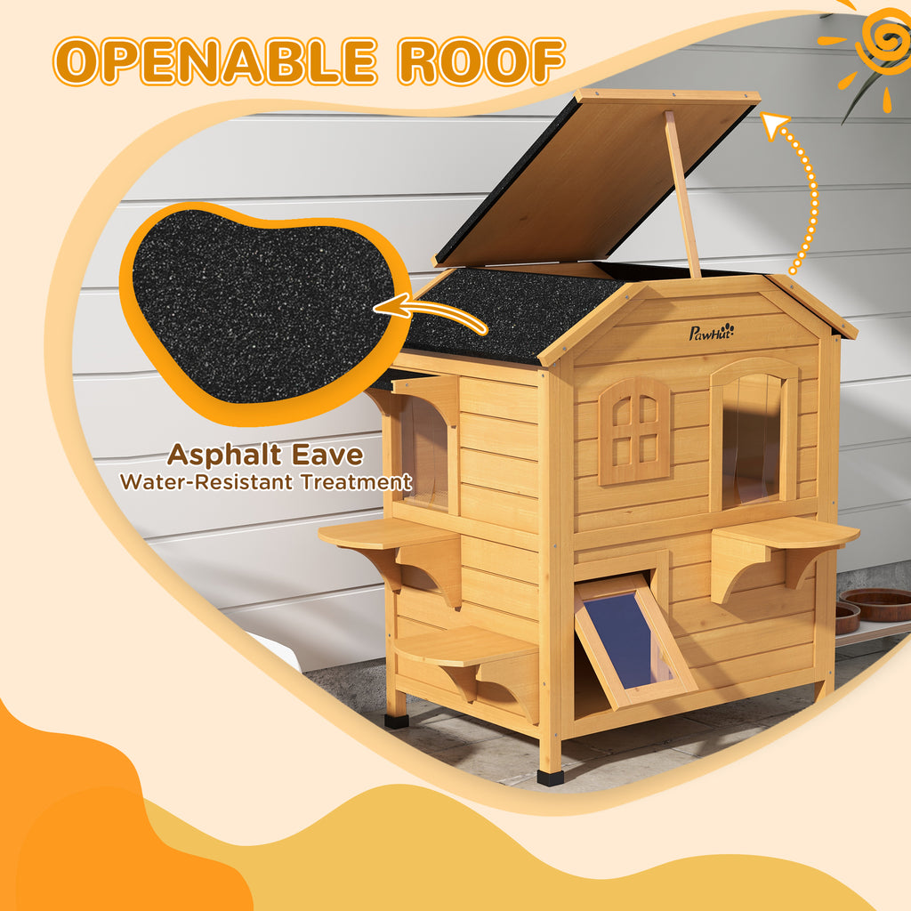 2-story Cat House Outdoor, Weatherproof Wooden Cat Enclosure for Feral Cats with Escape Door, Openable Roof, Jumping Platforms, Natural