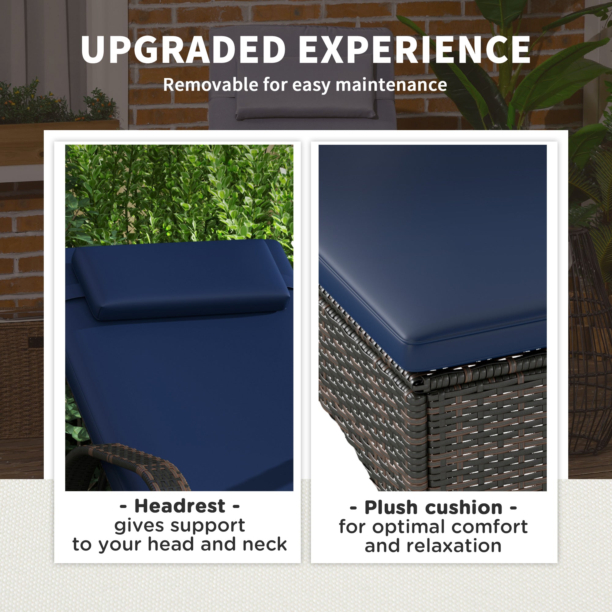 2 Reclining Chaise Lounge Chairs, Rolling Outdoor Chairs with Cushion, Pillow, Headrest, Armrests, and Wheels, Dark Blue