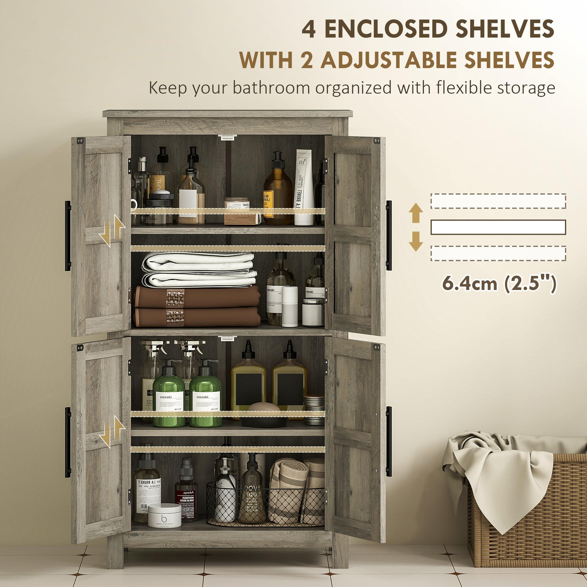 Bathroom Floor Storage Cabinet, Farmhouse Bathroom Cabinet with 4 Doors and Adjustable Shelf, Light Gray