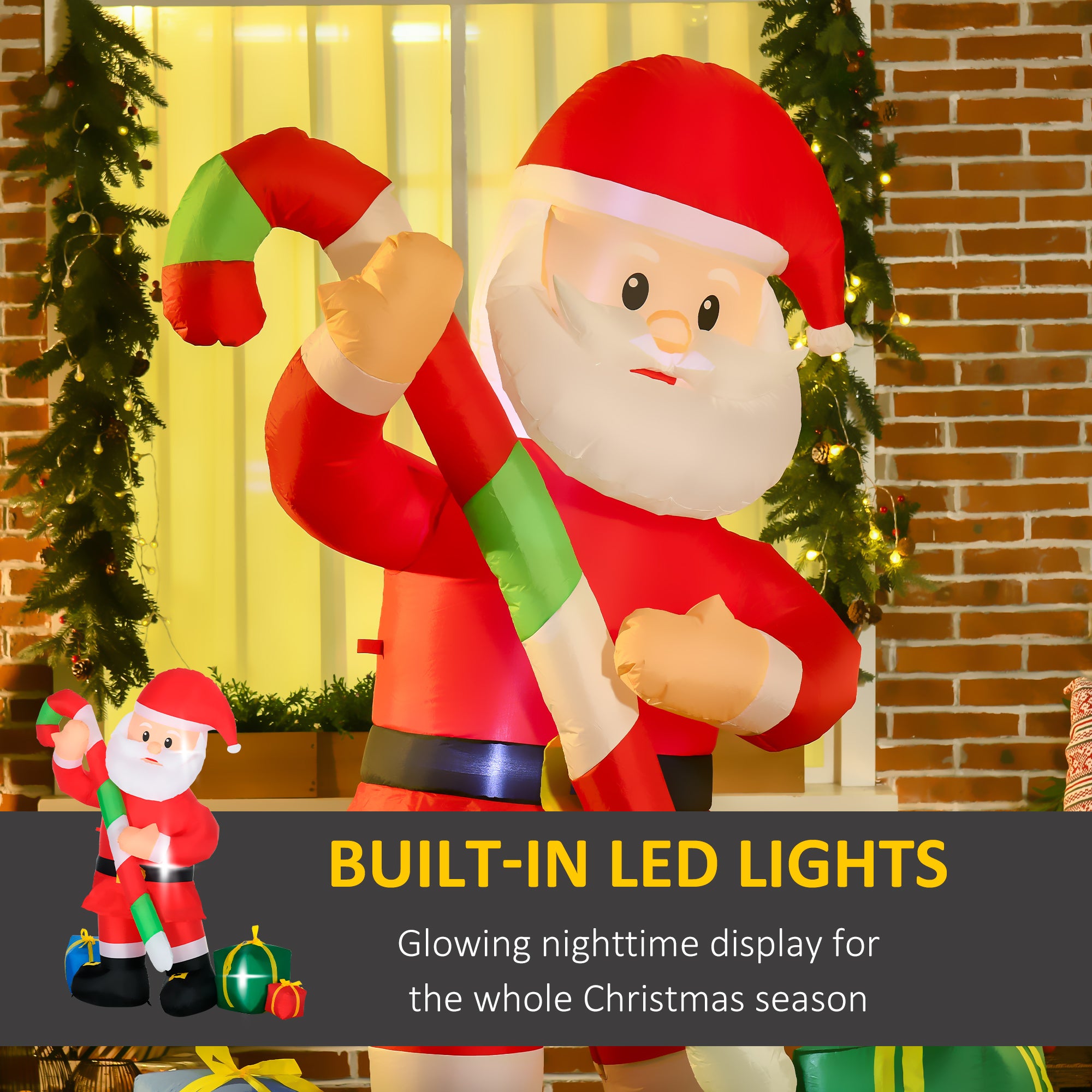 6ft Christmas Inflatables Outdoor Decorationss Decorations Santa Claus with Candy Cane, Blow-Up LED Yard Christmas Decor