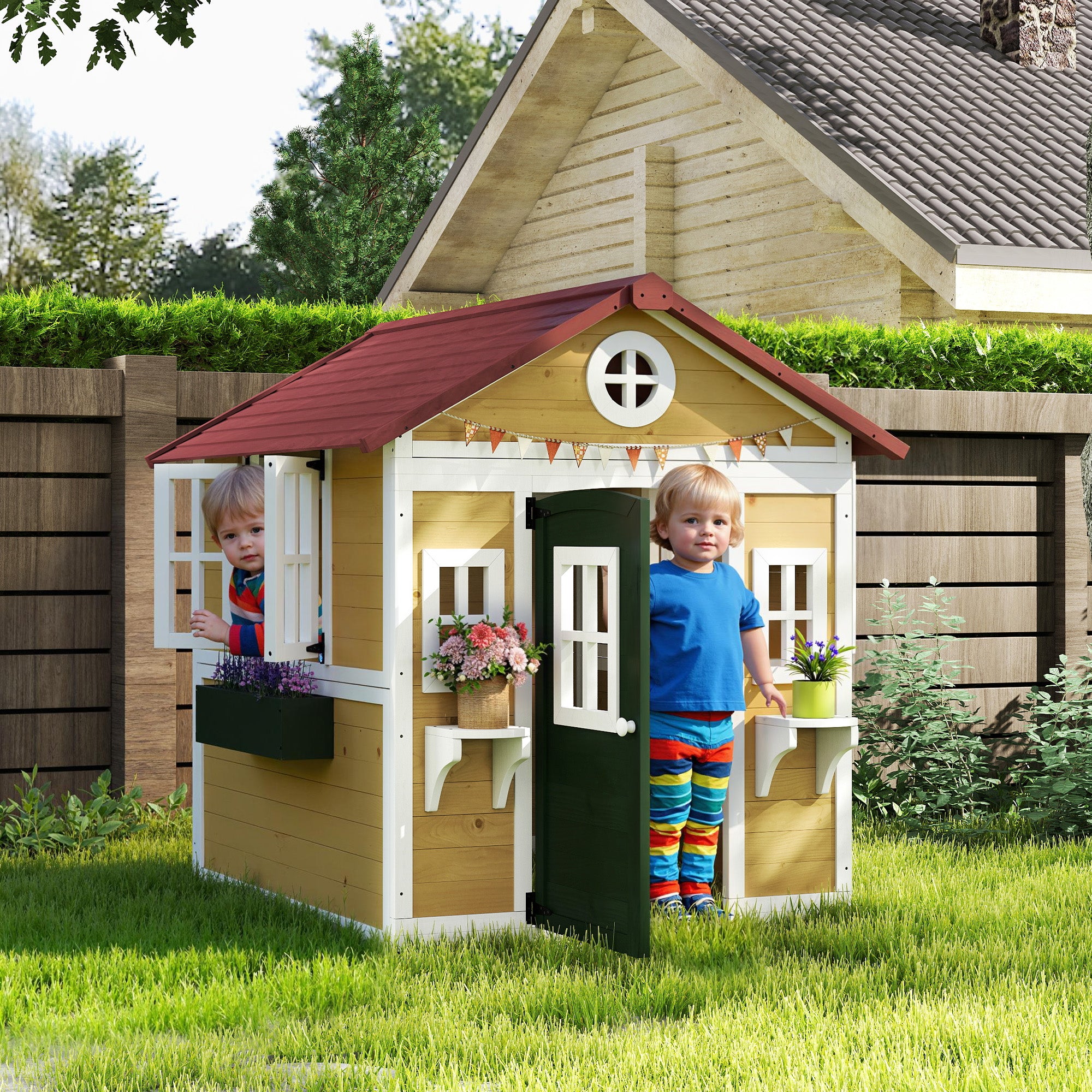 Wooden Playhouse for Kids Outdoor with Doors, Windows, Planter Pots and Boxes for Toddlers 3-8 Years, Beige