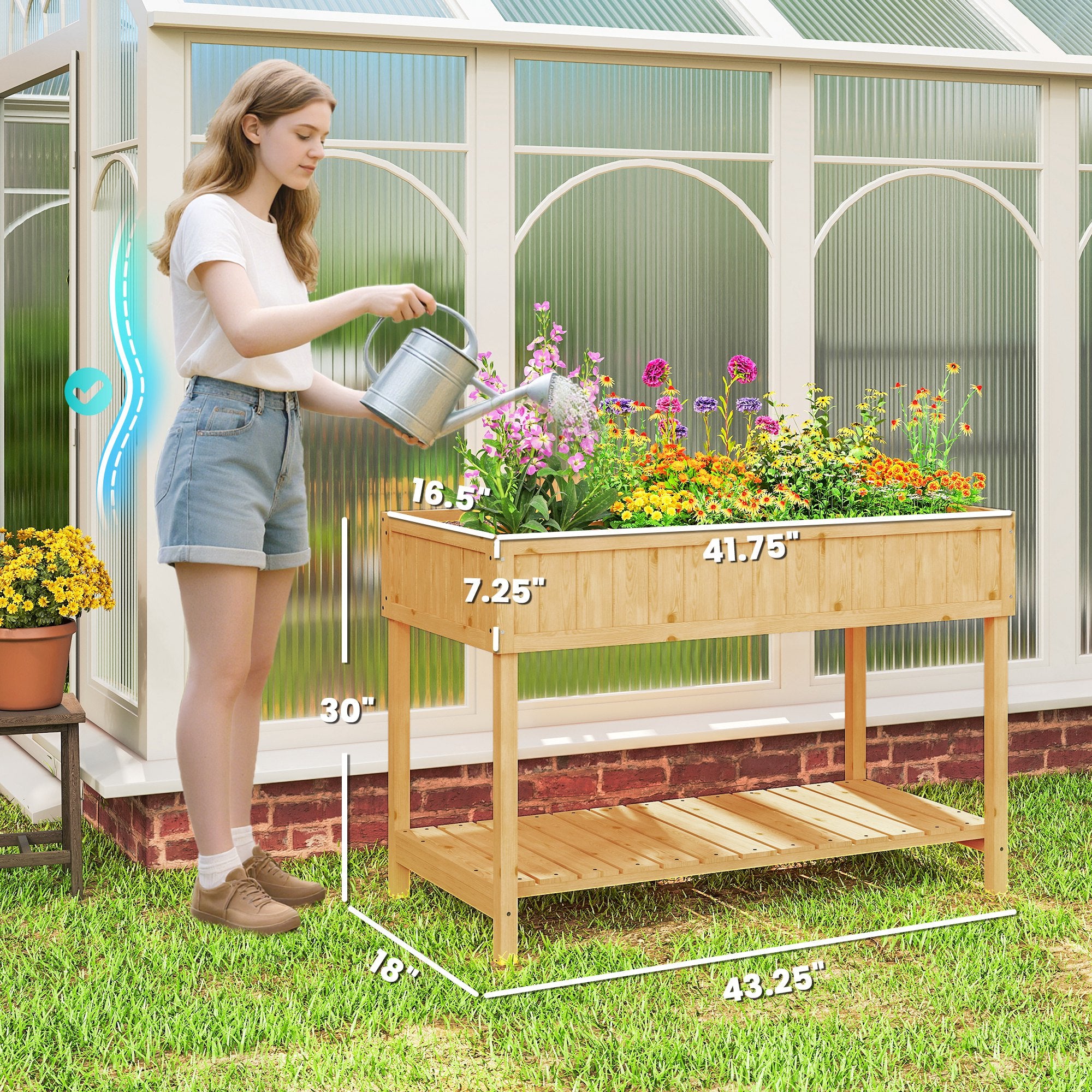 43x18x30in Raised Garden Bed with 8 Pockets and Shelf, Wooden Elevated Planter Box with Legs to Grow Herbs, Vegetables, and Flowers, Natural