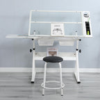 Adjustable Tempered Glass Drafting Table with 2 Metal Drawers, Chair, Powder-Coated Steel Frame Desk for Kids, 40" L x 23.5" W x 27.5" H, White