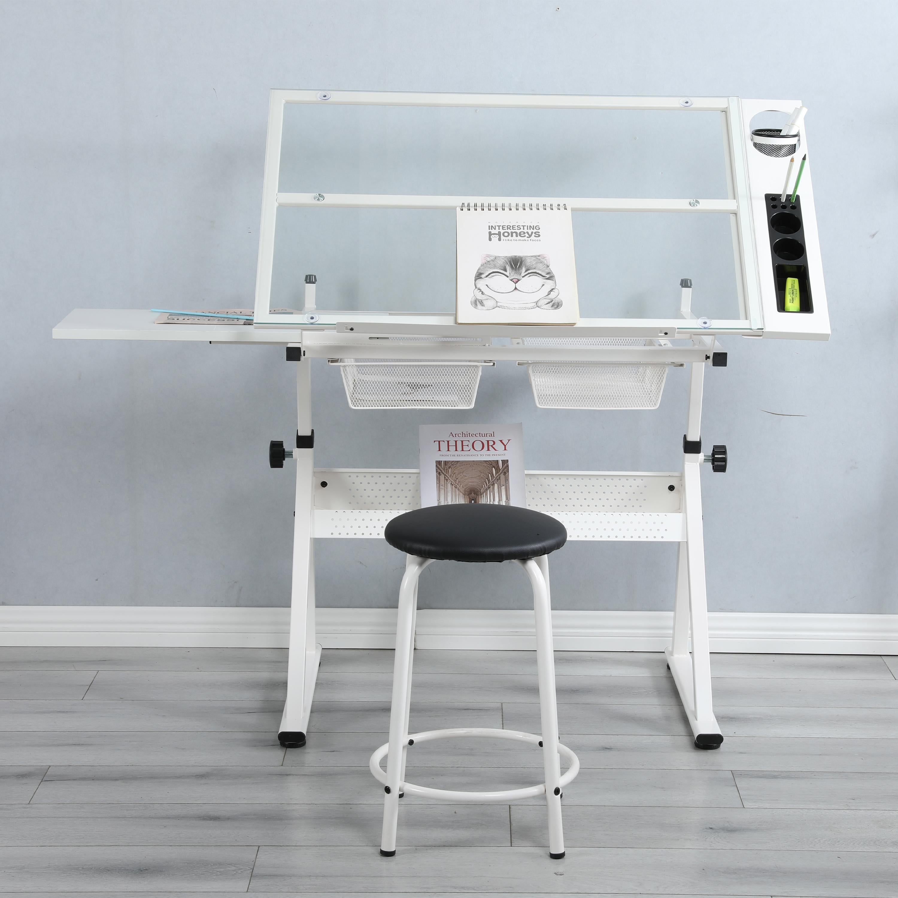 Adjustable Tempered Glass Drafting Table with 2 Metal Drawers, Chair, Powder-Coated Steel Frame Desk for Kids, 40" L x 23.5" W x 27.5" H, White