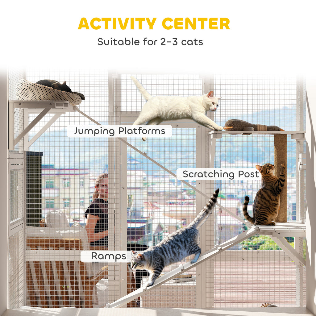 Outdoor Catio Cat Enclosure, Large Wooden Cat House with 6 Jumping Platforms, Scratching Post, 2 Ramps, for 2-3 Kittens