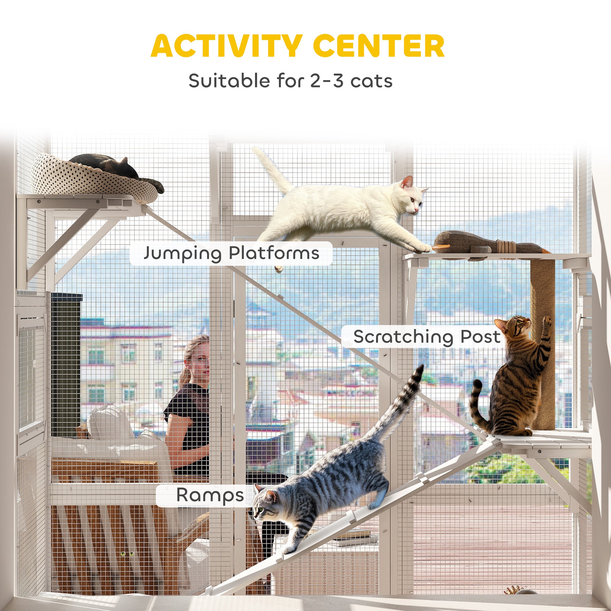 Outdoor Catio Cat Enclosure, Large Wooden Cat House with 6 Jumping Platforms, Scratching Post, 2 Ramps, for 2-3 Kittens
