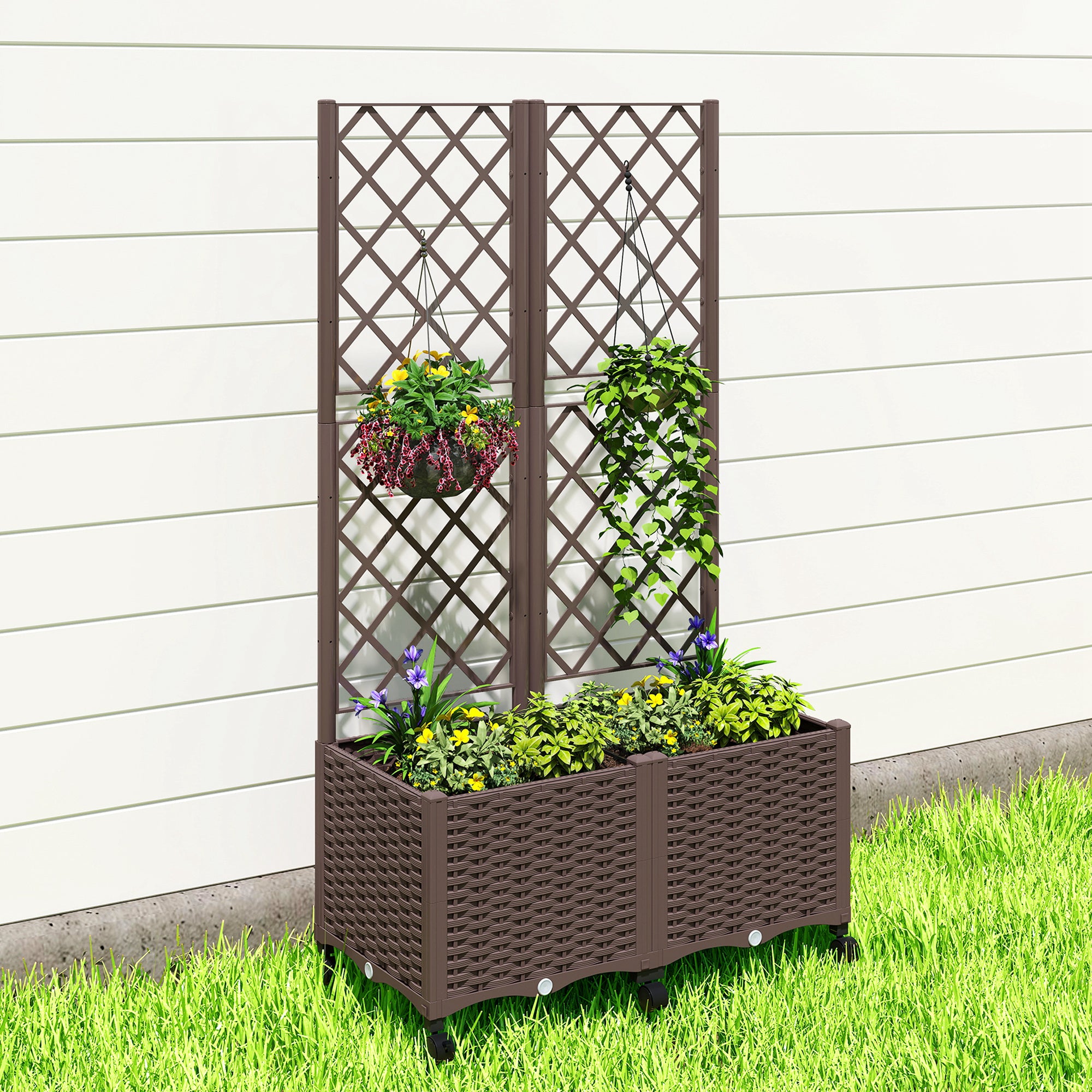 Planter Box with Trellis, Self Watering Raised Garden Bed with Lockable Wheels and Drainage Holes, Brown