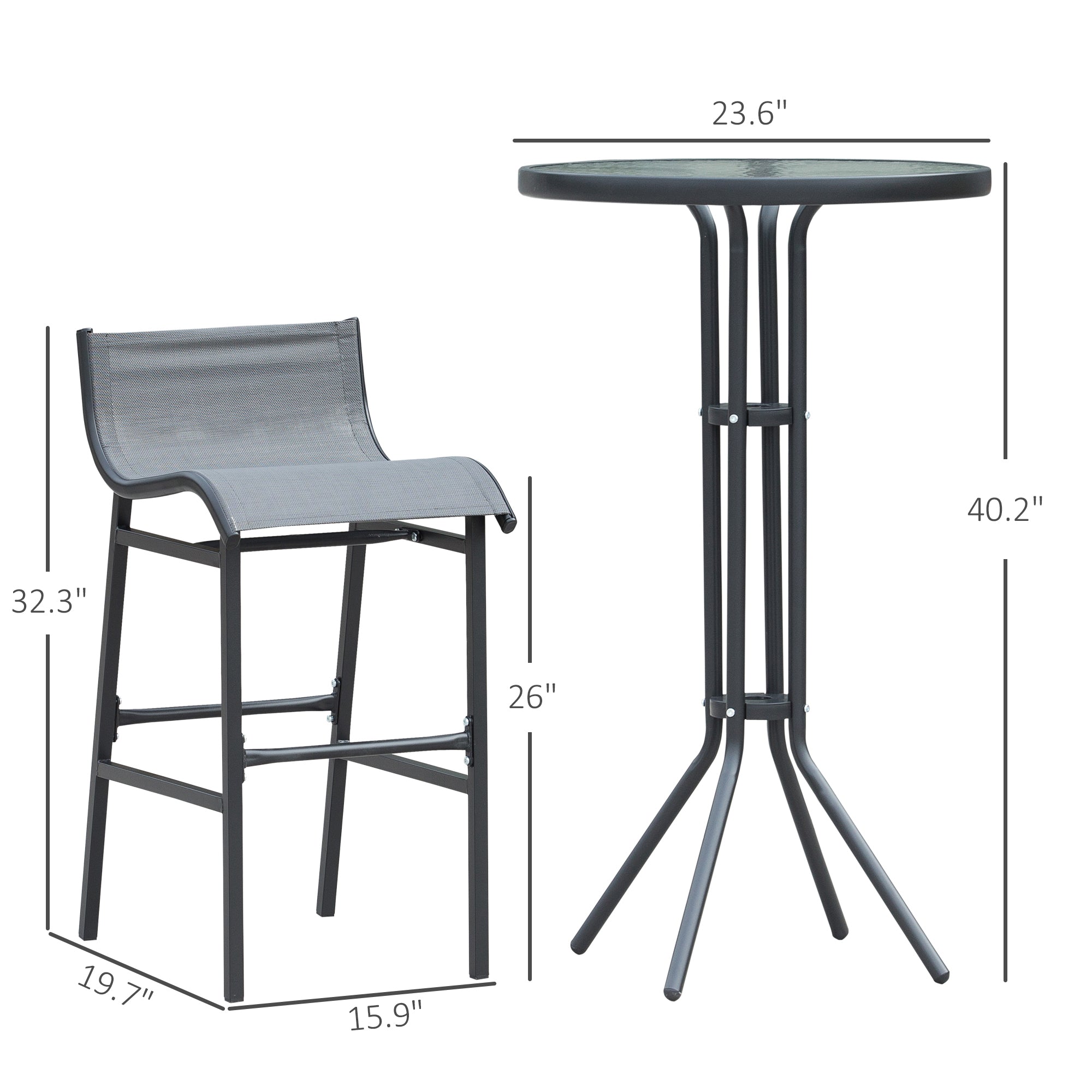 3 Piece Bar Height Outdoor Bistro Set for 2, Charcoal Gray