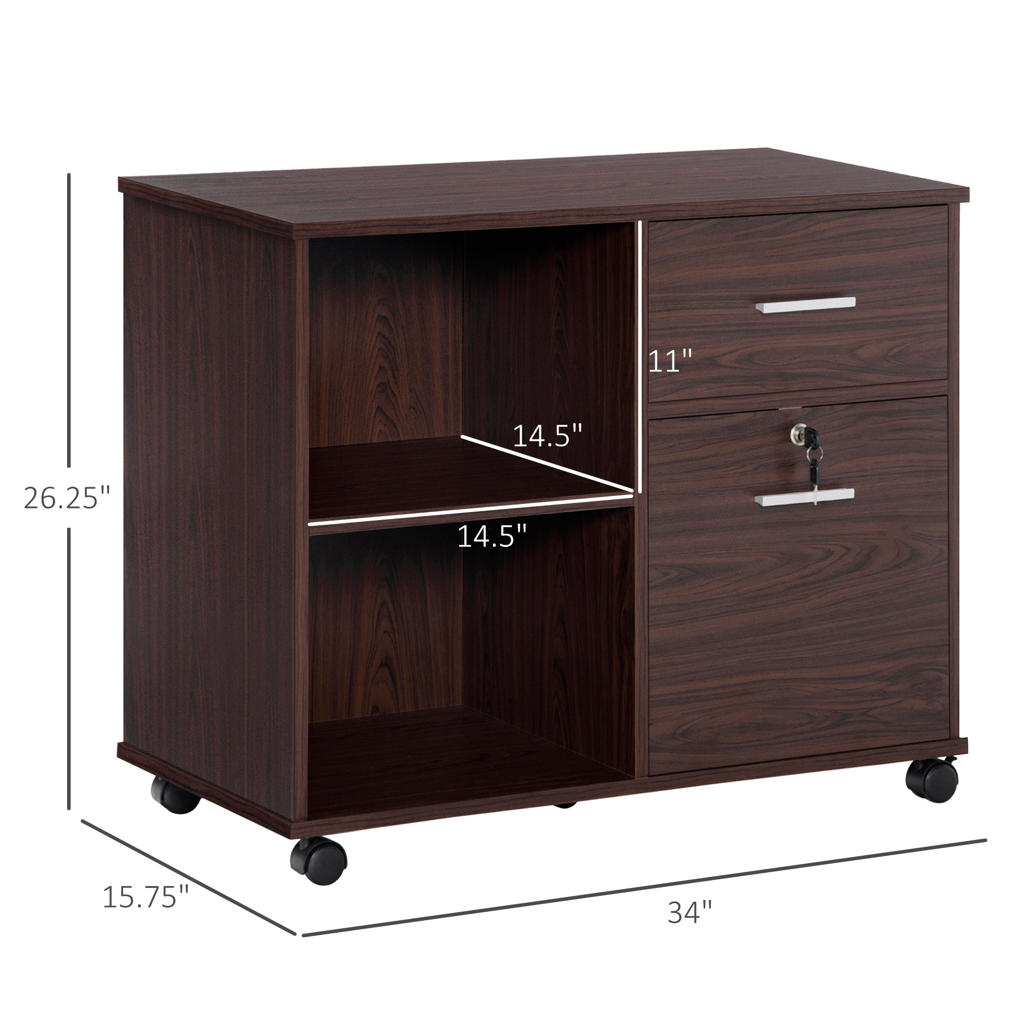Lateral File Cabinet with Wheels, Mobile Printer Stand with Open Shelves and Drawers for A4 Size Documents, Walnut