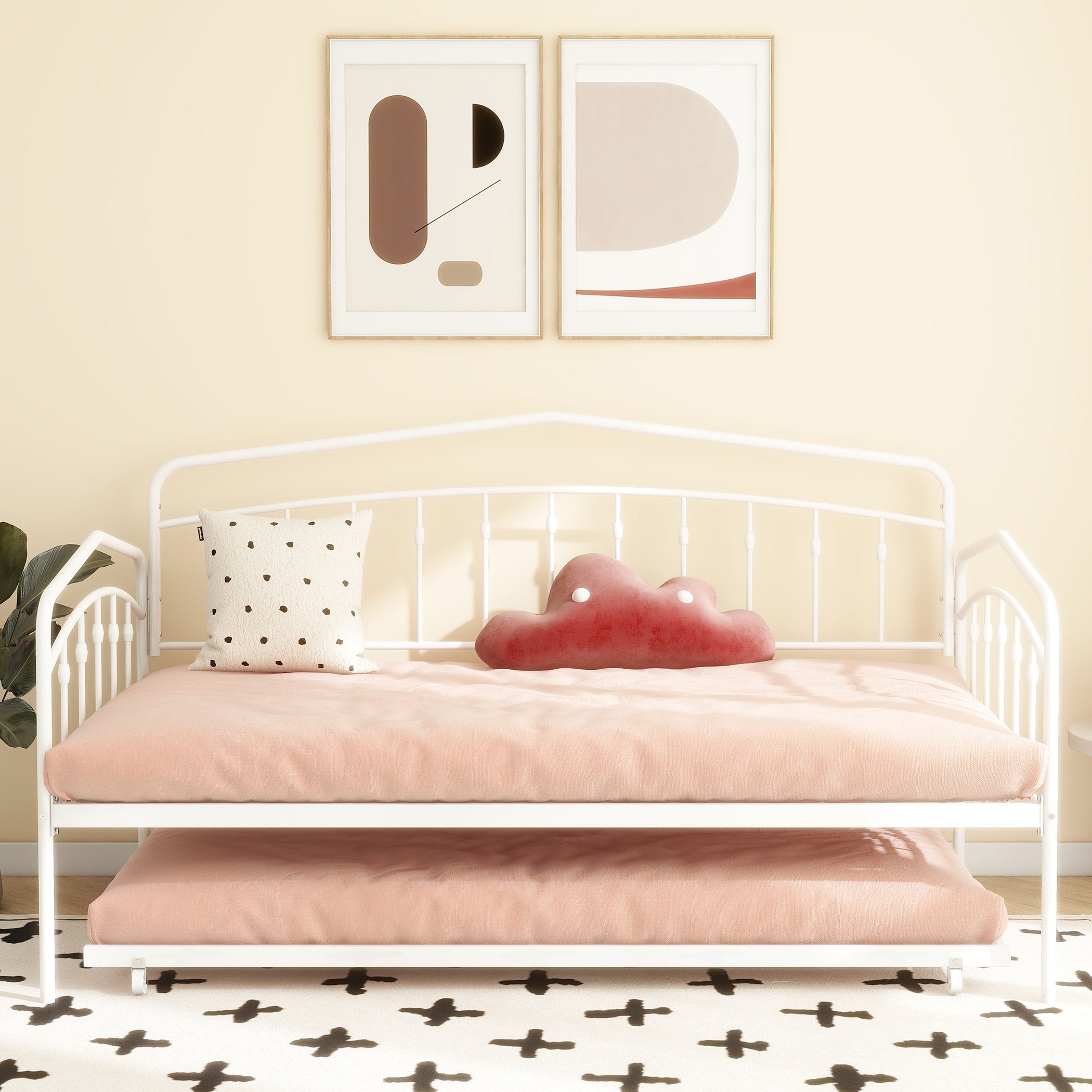 Fox Twin Metal Daybed Frame with Twin Trundle, Anti-Noise Design, No Box Spring Needed, Easy Installation, White