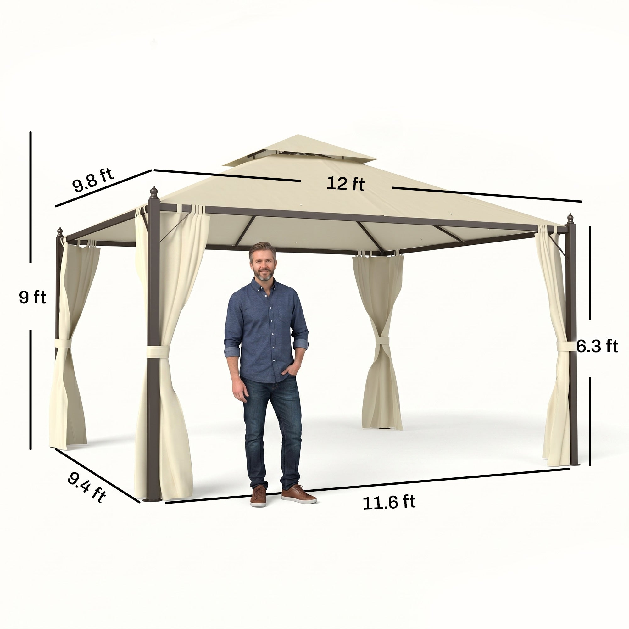 10' x 12' Outdoor Patio Gazebo with Curtains, Two-Tier Roof, Beige