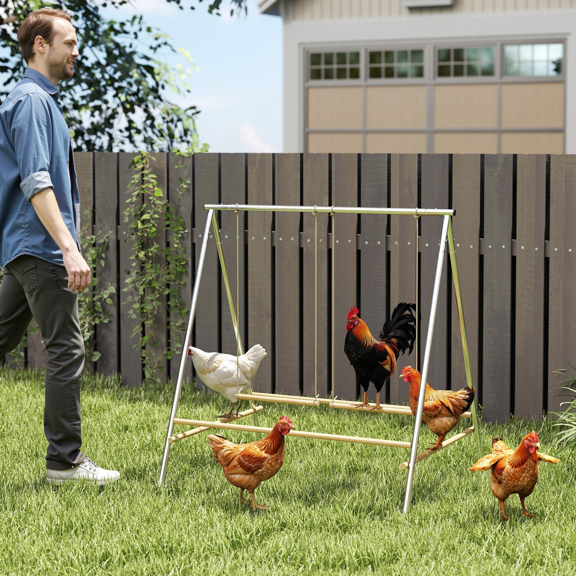 Chicken Perch for Coop, Chicken Roosting Bars with 2 Swings, Coop Accessories for Farm, Backyard, Silver