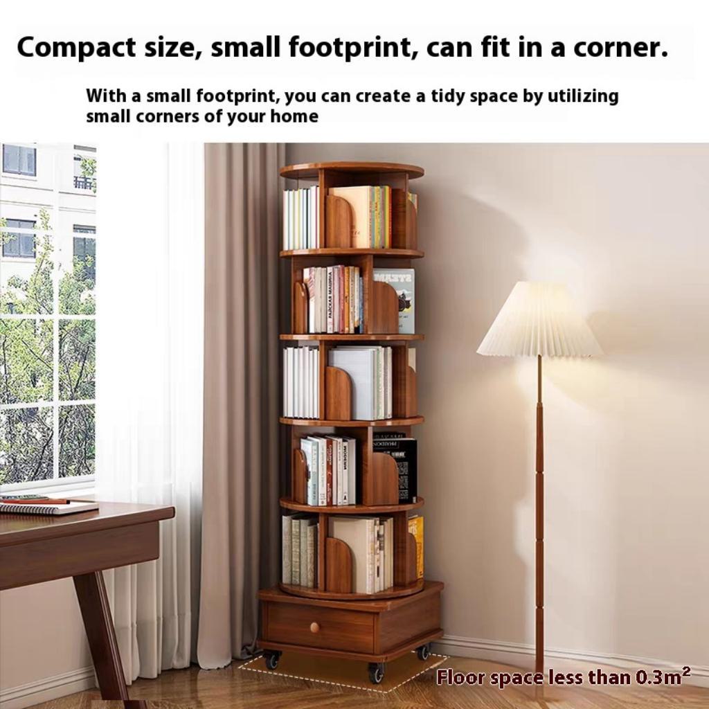 6-Tier Rotating Bookshelf with Wheels, 360° Display Corner Bookcase, Wood Organizer for Study Room, 18″ L x 18″ W x 69″ H, Walnut Brown