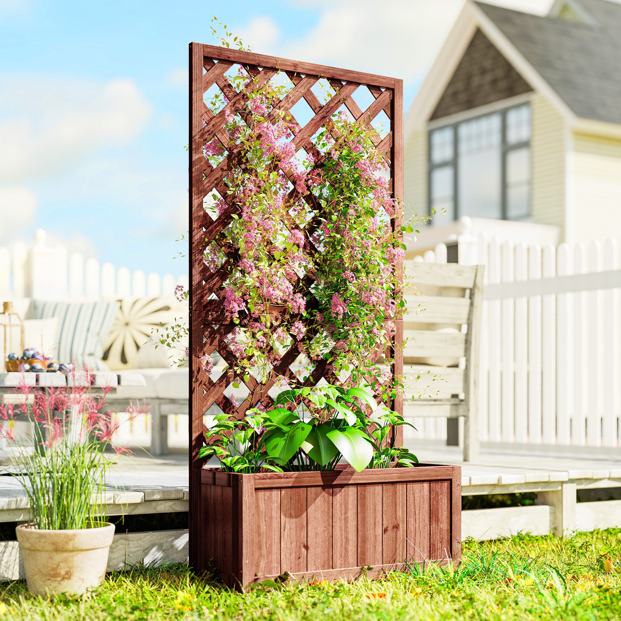 Wooden Raised Garden Bed, Raised Planter Box, Planter with Trellis for Climbing Plants Flowers, Orange