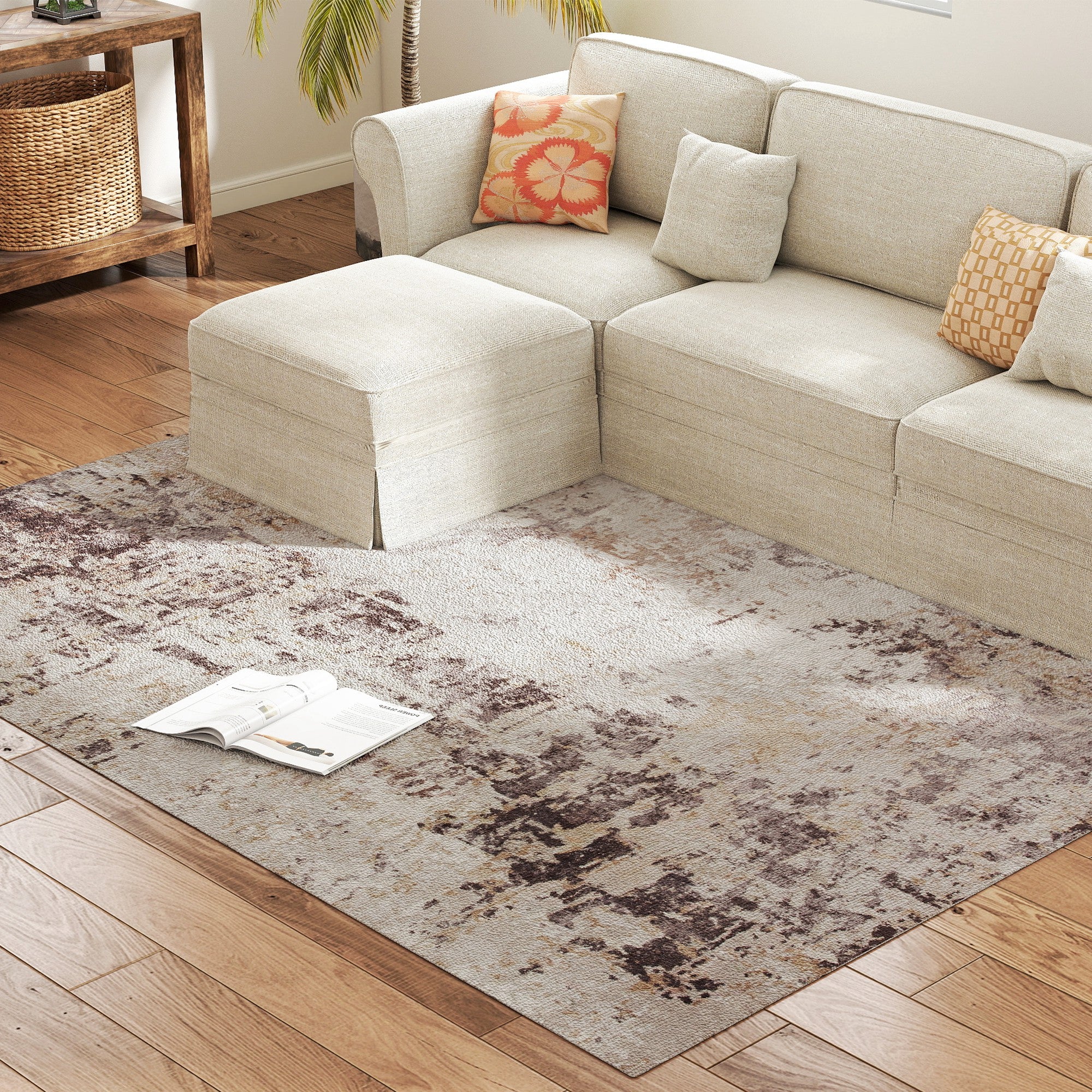 Machine Washable Area Rug 5x7, Non-Slip Modern Abstract Floor Carpet for Living Room, Bedroom, Dining Room, Mixed-Brown