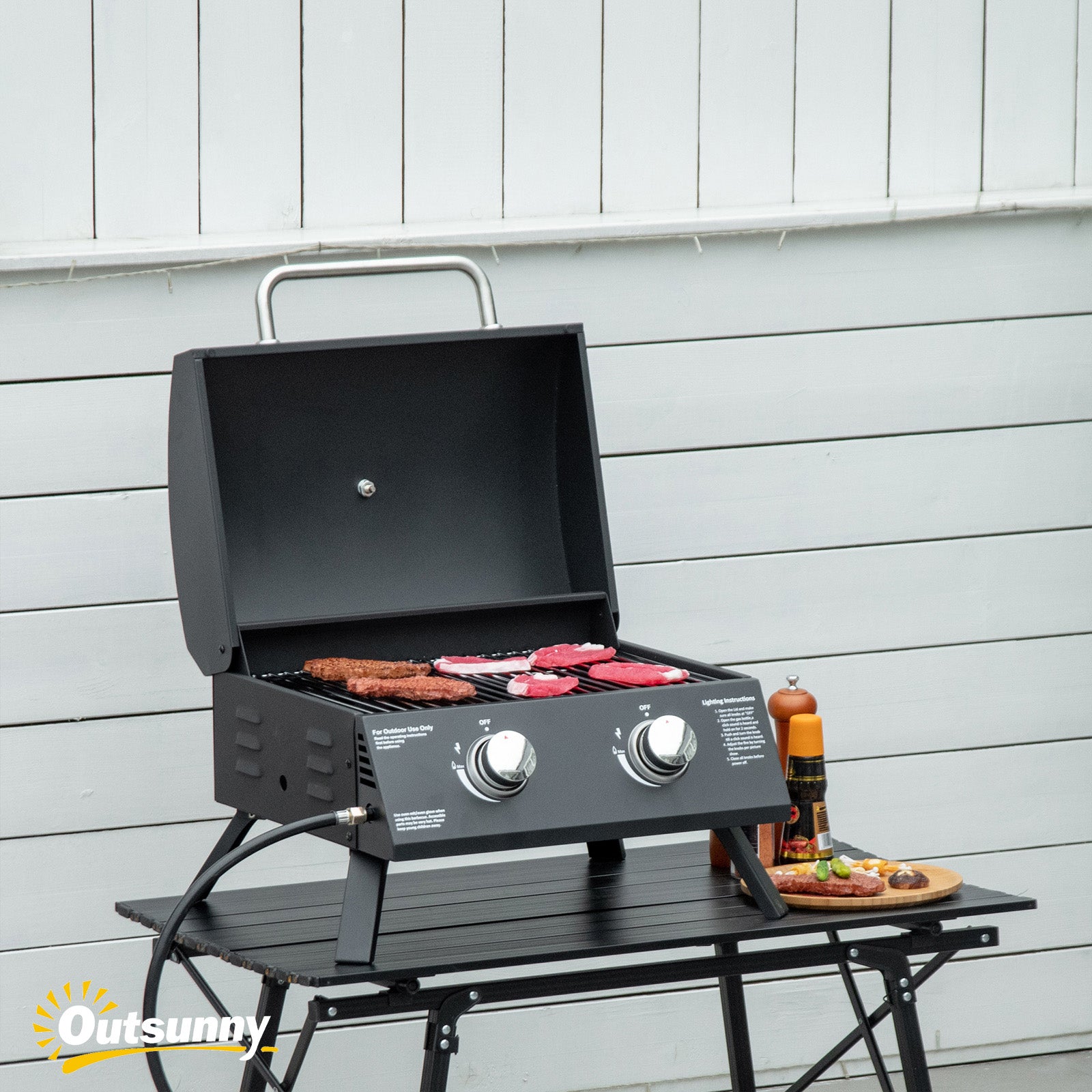 21.75" Charcoal BBQ, Portable Grill with 2 Burners, Heat-Resistant Handle, Folding Legs, Removable Ashtray, Thermometer, Carbon Steel, for Outdoor Cooking, Camping, Black