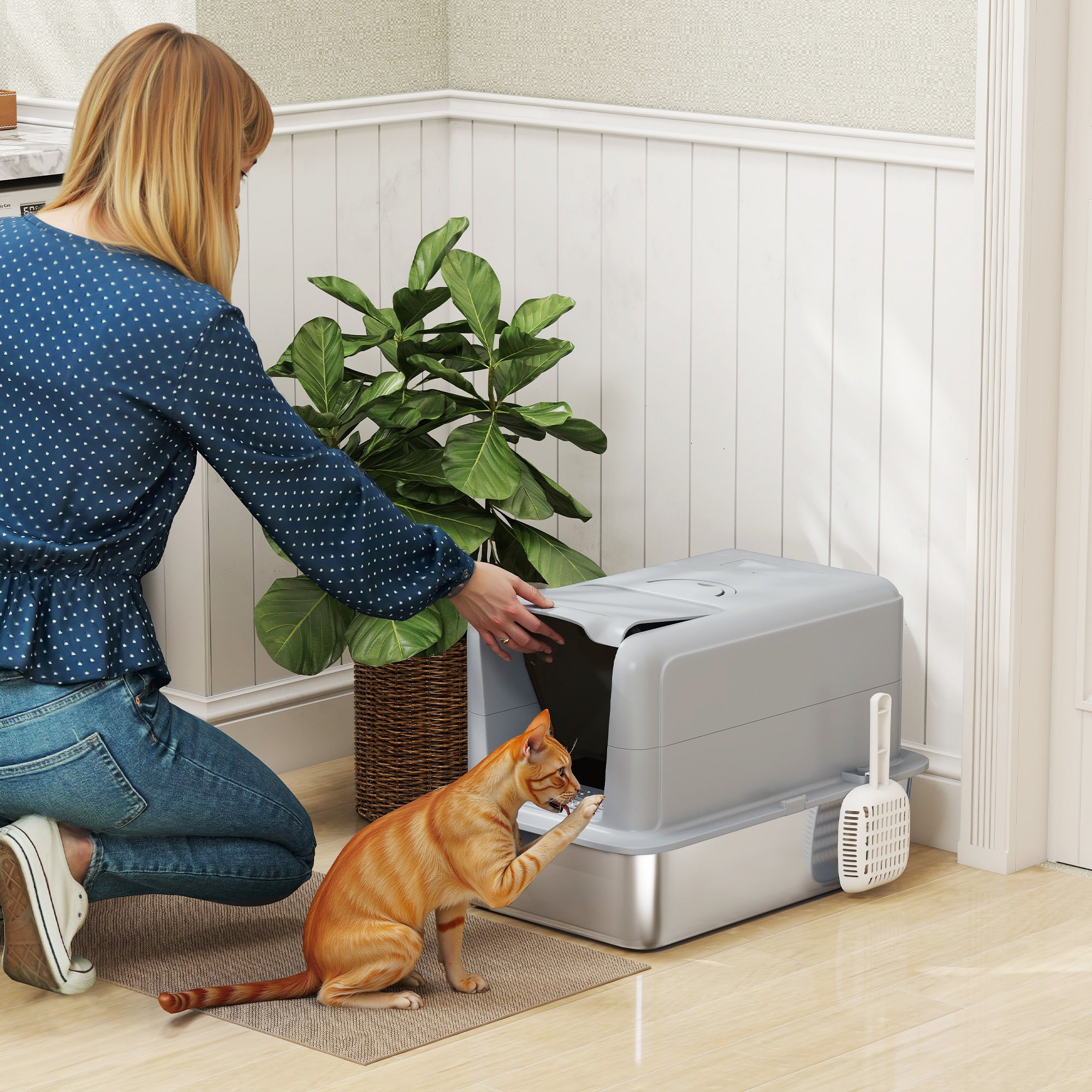 2 in 1 Stainless Steel Cat Litter Box with Removable Lid, Scoop, Filter Bags, for Small to Large Cats, Gray