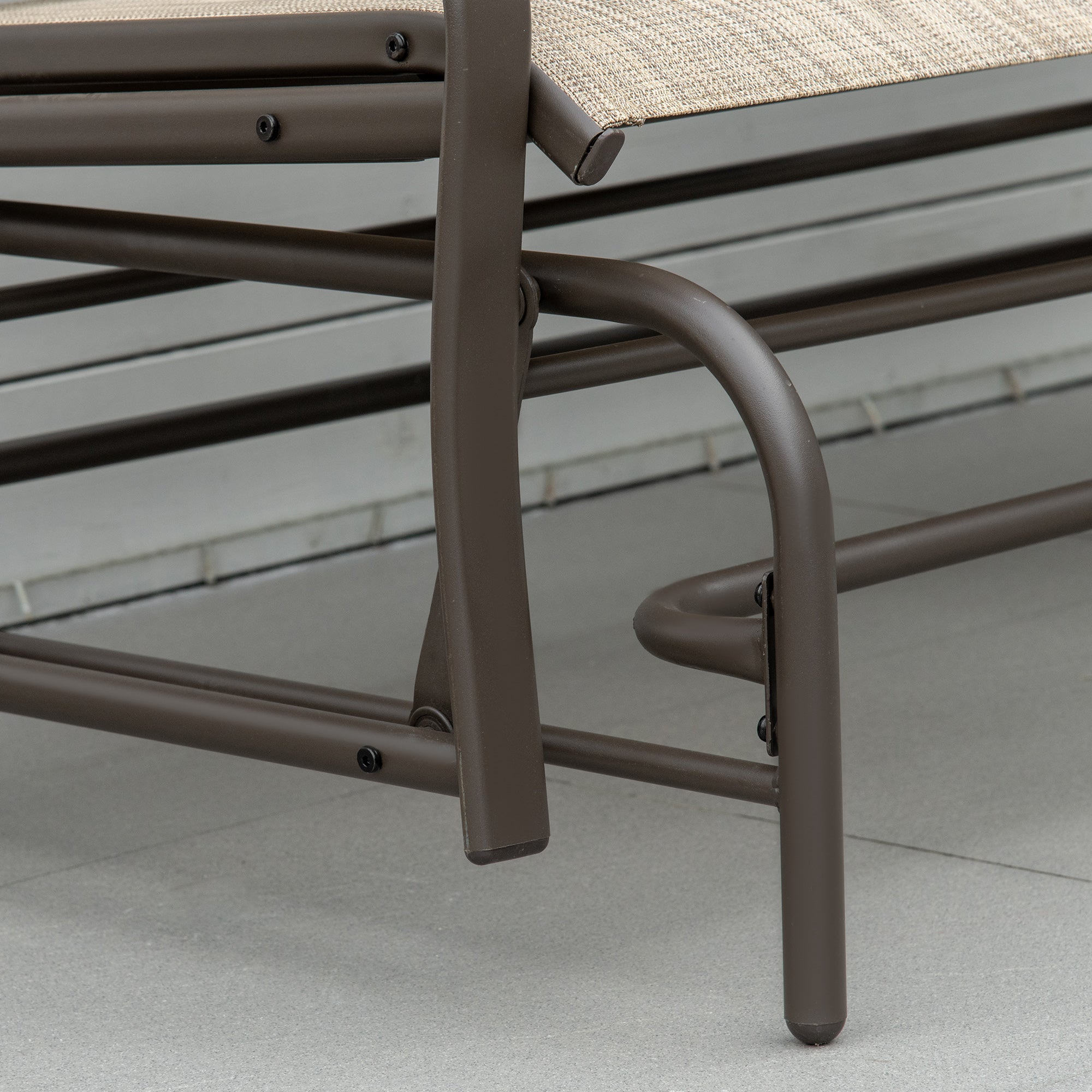 Outdoor Glider Bench with Center Table, Metal Frame Patio Loveseat with Breathable Mesh Fabric and Armrests for Backyard Garden Porch, Brown