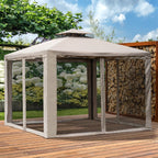 10' x 10' Gazebo Tent, Double Roof Outdoor Canopy Shelter, with Netting Fabric and Vented Roof, Steel Corner Frame for Garden, Lawn, Backyard, Taupe