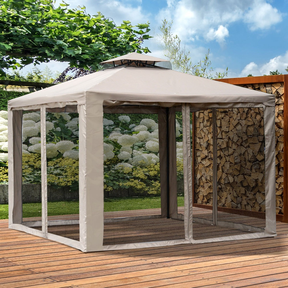 10' x 10' Gazebo Tent, Double Roof Outdoor Canopy Shelter, with Netting Fabric and Vented Roof, Steel Corner Frame for Garden, Lawn, Backyard, Taupe