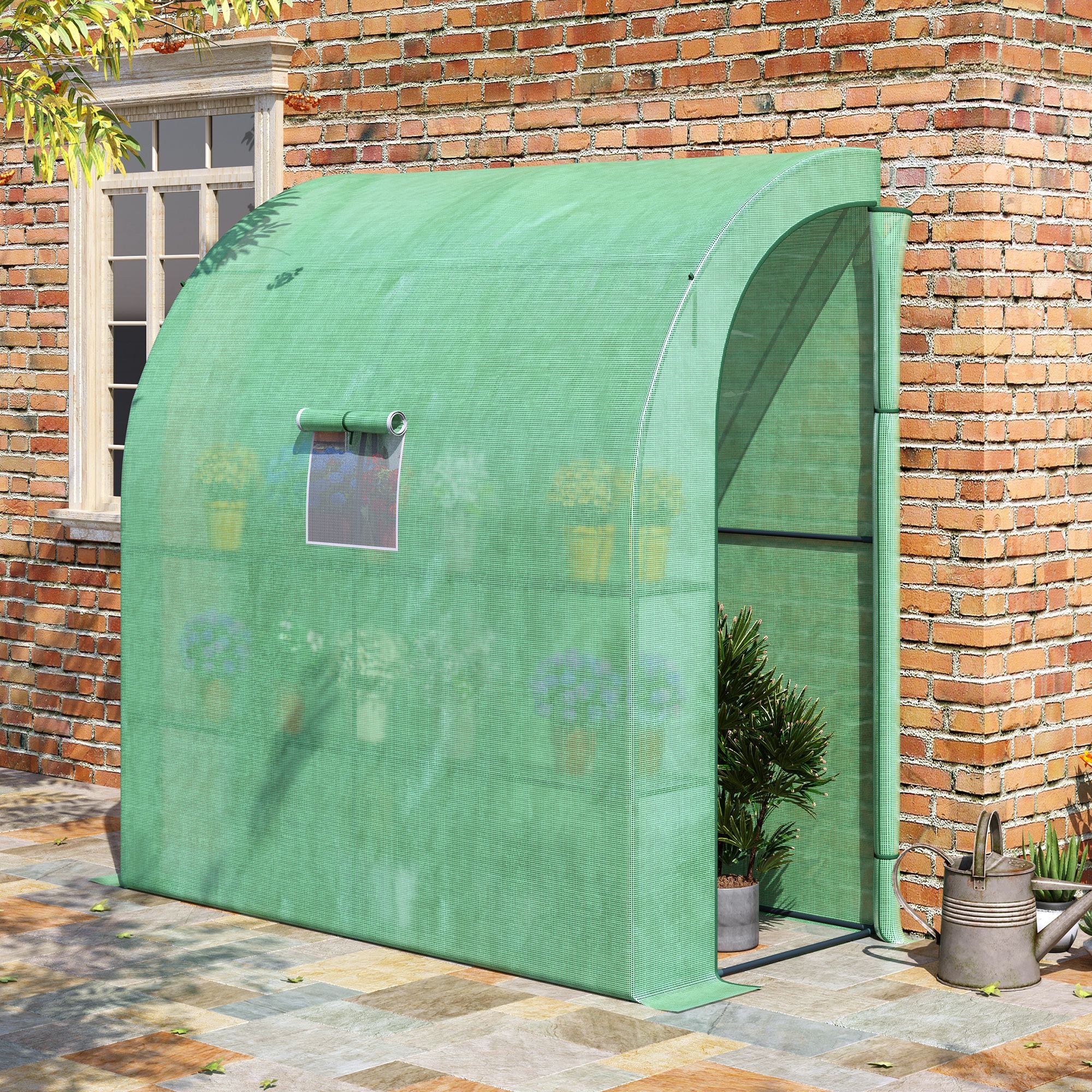 7' x 3' x 7' Lean to Greenhouse, Walk-In Green House, Plant Nursery with 2 Roll-up Doors and Windows, PE Cover and 3 Wire Shelves, Green