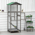 65" Wooden Bird Cage Outdoor Aviary House for Parrot, Parakeet, with Pull Out Tray and 2 Doors, Grey