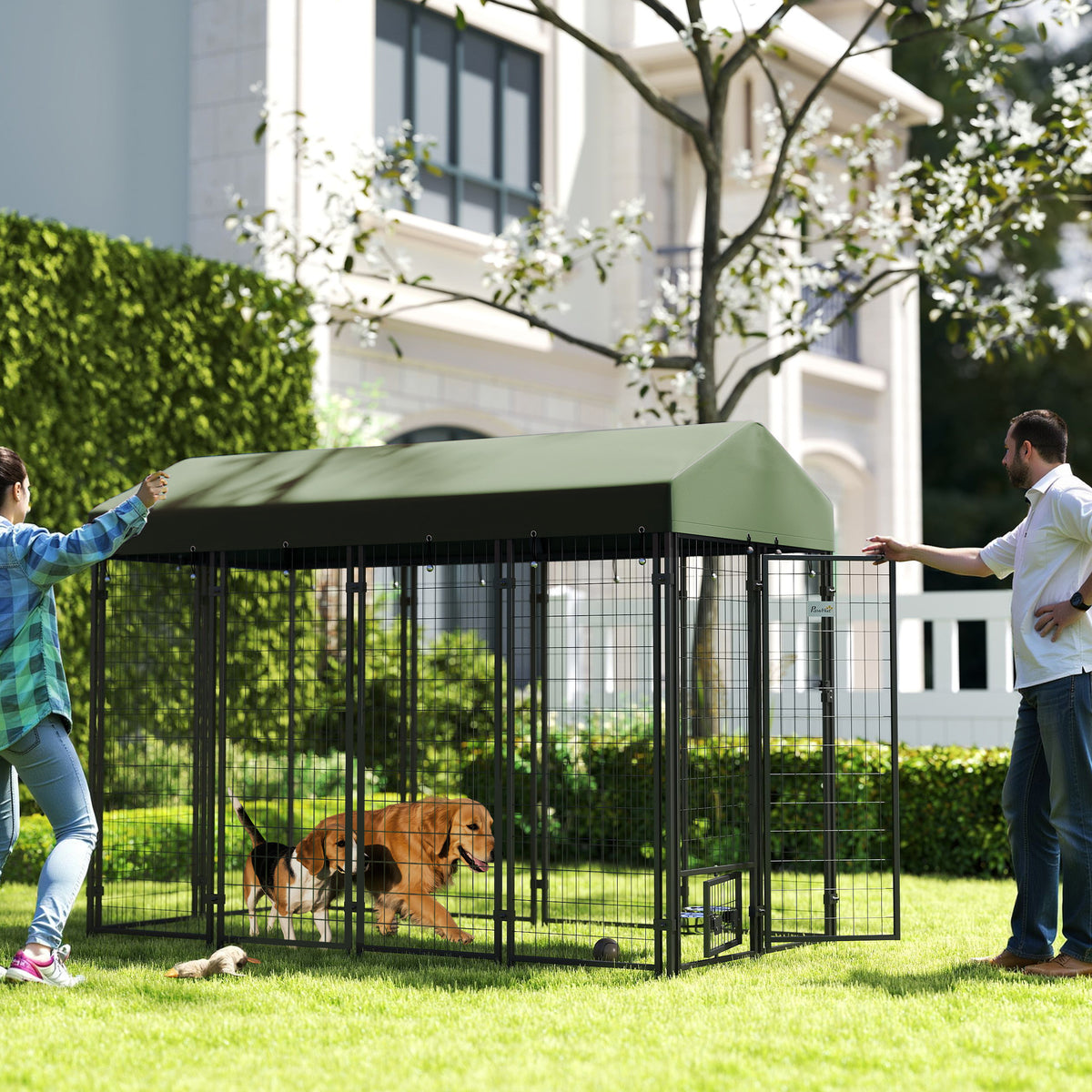 Outdoor Dog Kennel with Rotating Bowl Holders, Pet Playpen with Waterproof Cover, 8' x 4' x 6', Green