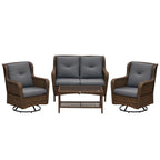 4 Piece PE Rattan Outdoor Patio Furniture Set, Wicker Conversation Set with 2 Swivel Glider Chairs, 2-Tier Glass Table and Loveseat for Garden, Patio, Poolside, Gray