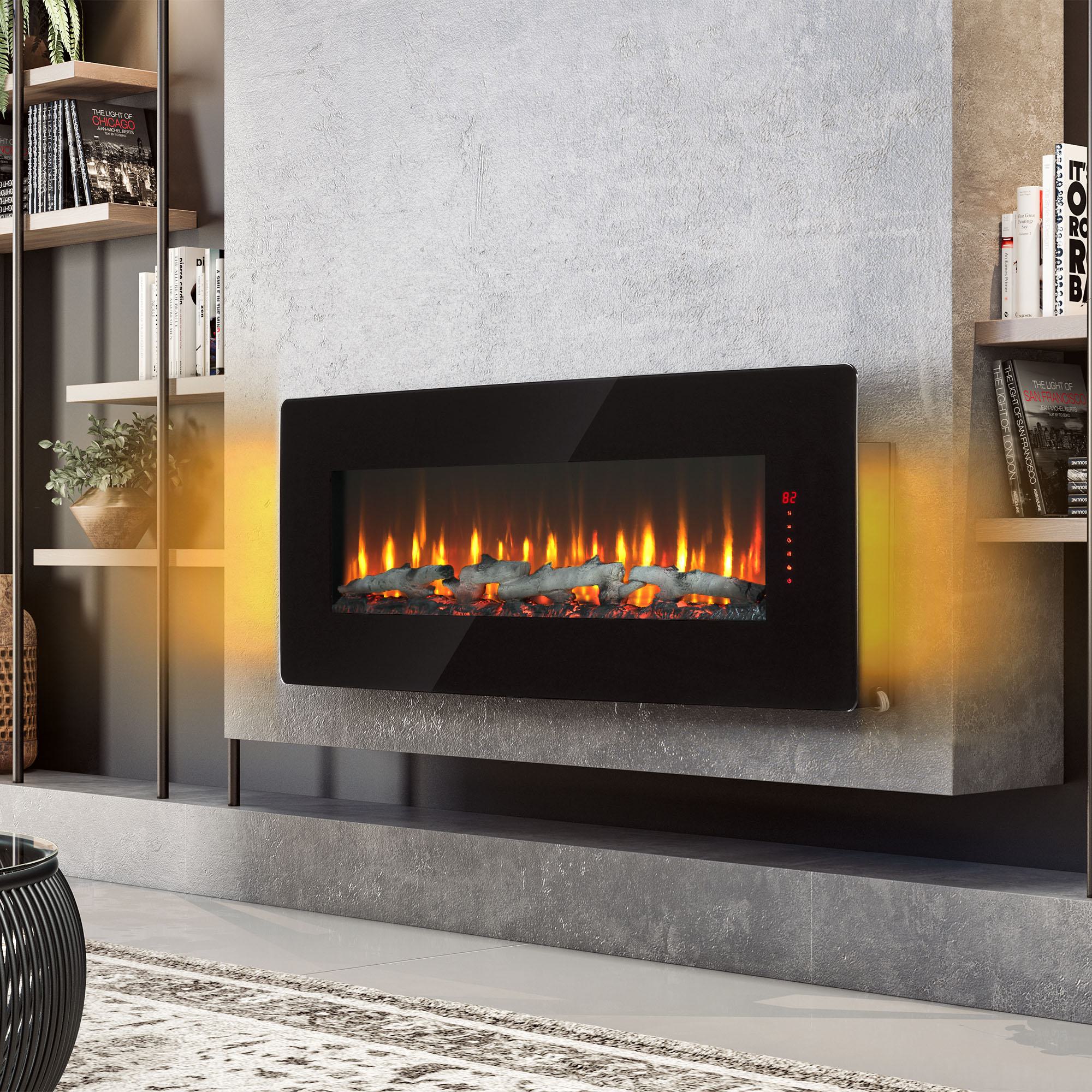 48" Remote Curved Wall Mounted Electric Fireplace with Multi-Color Flame, Ember Bed, and Adjustable Backlight, Antique Black