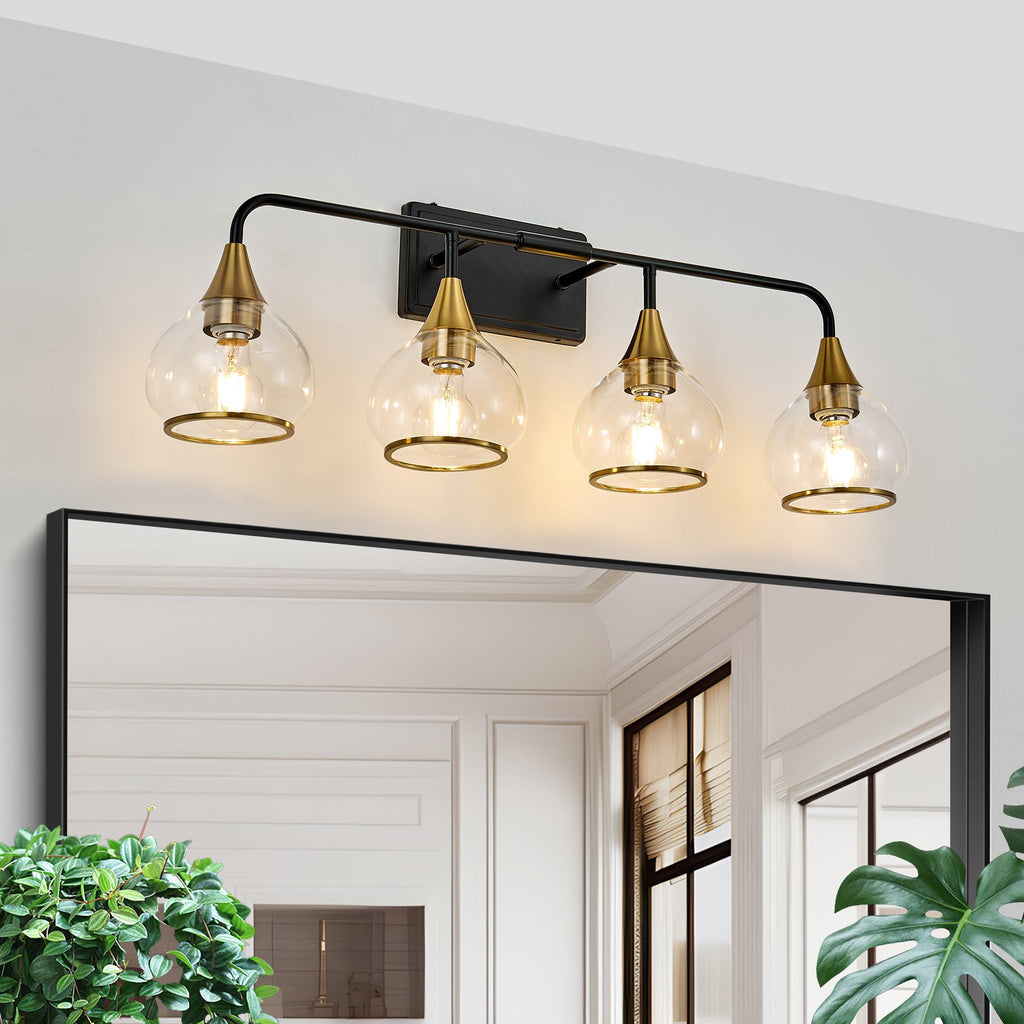 31" Modern 4-Light Vanity Wall Sconce with Clear Glass Shades, Industrial Wall Mounted Lamp for Living Spaces, 31" L x 8" W x 11" H, Black+Gold