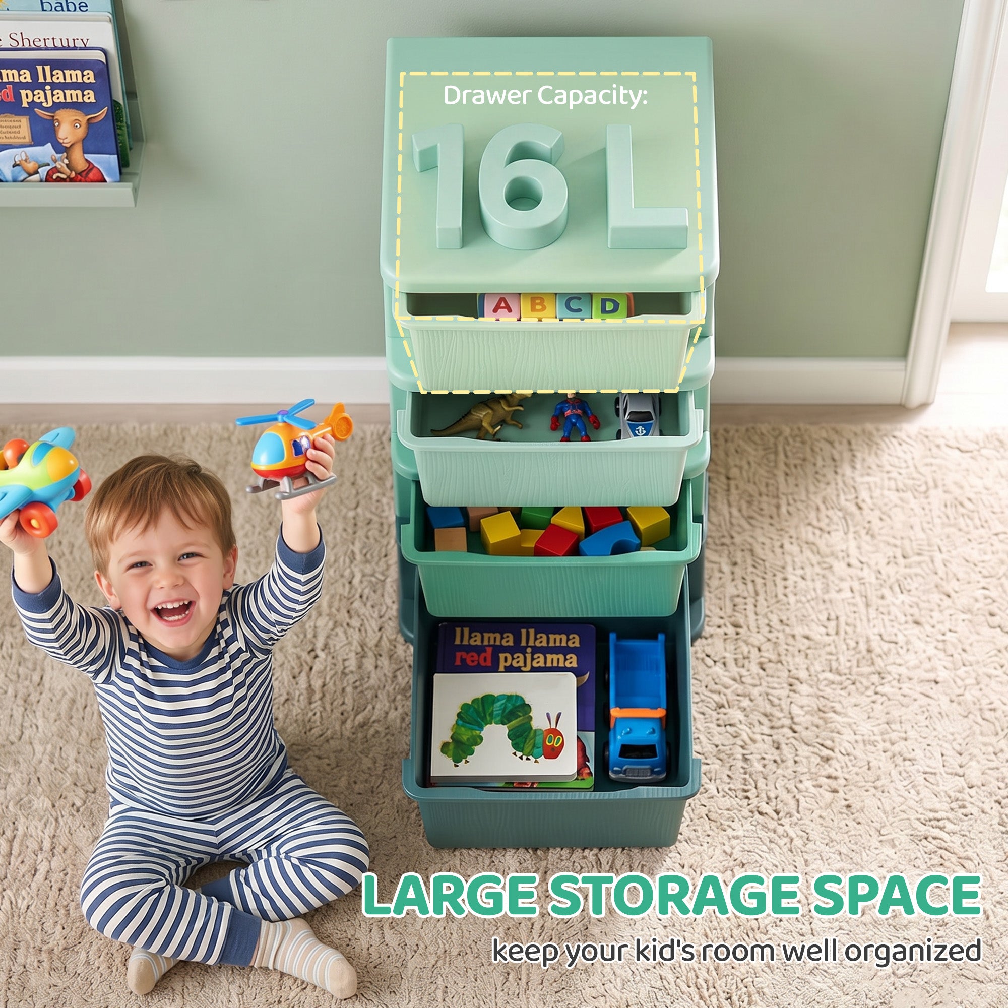 4 Tier Kids Storage Unit, Toy Organizers and Storage with 4 Drawer for Bedroom Nursery Living Room for Boys Girls Green