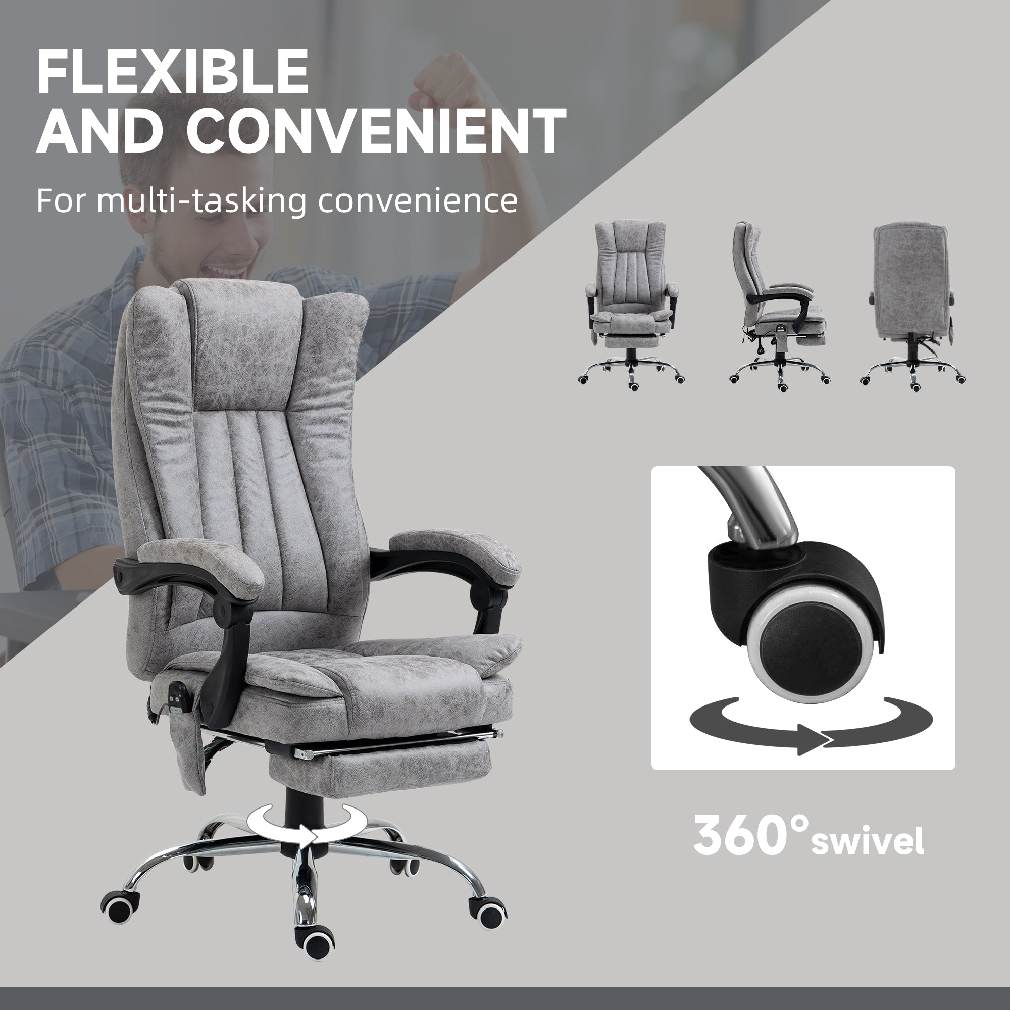 Massage Office Chair with 6 Points and Heat, Reclining Computer Chair with Adjustable Height and Footrest, Gray