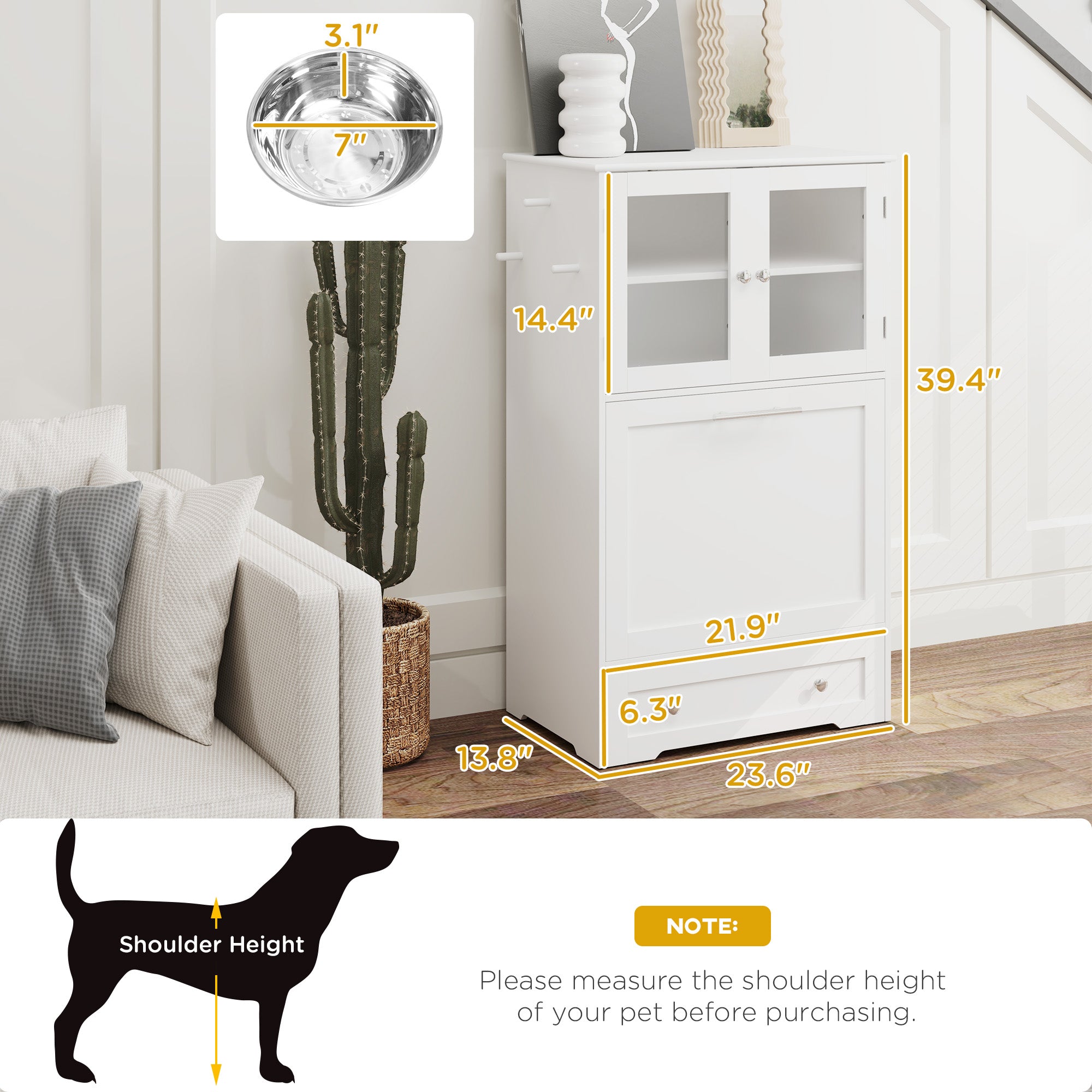 Dog Feeding Station with Two Storage Cabinets, 2 Elevated Dog Bowls, Side Hooks, Anti-tip Kit, for Feeding & Watering