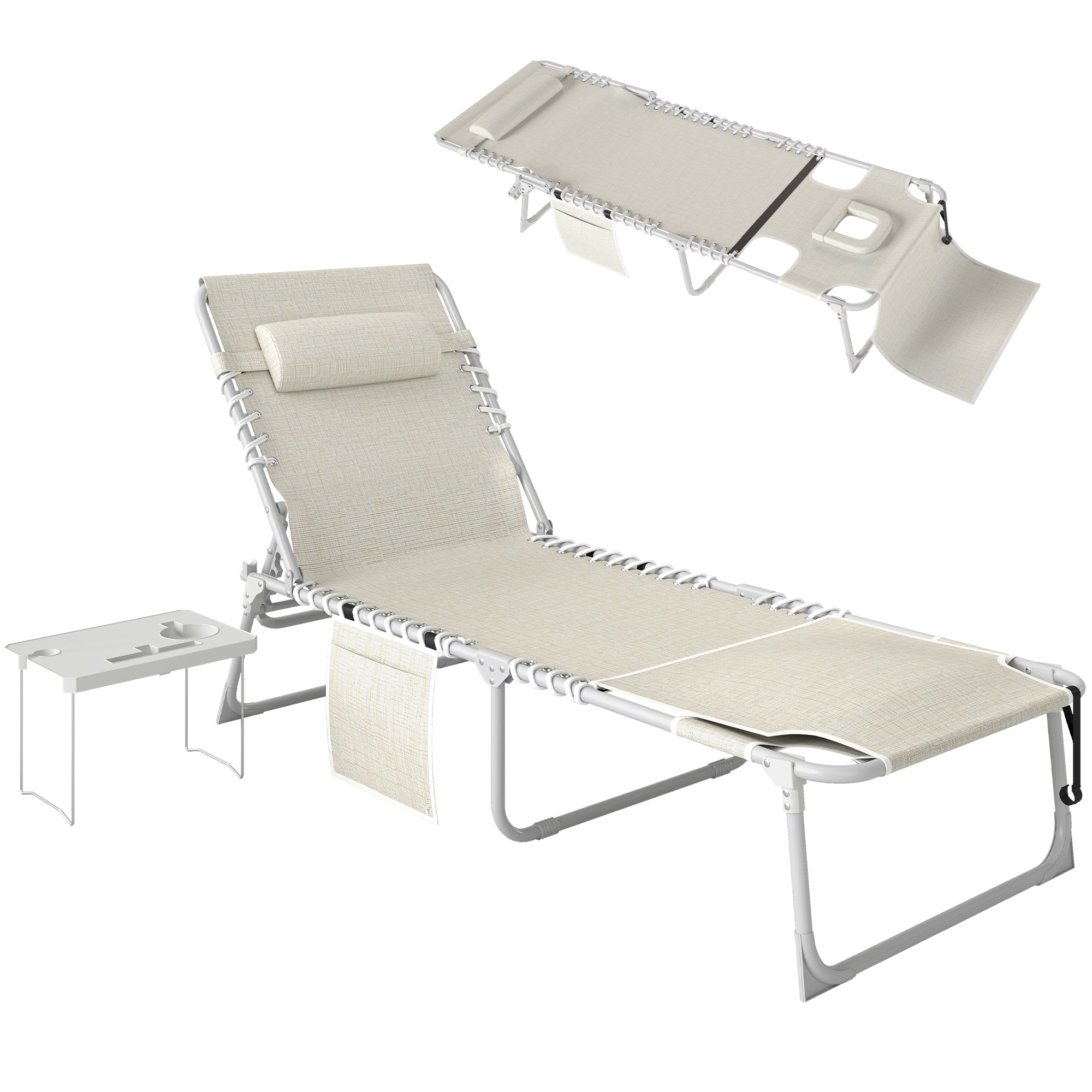 Tanning Chair with Face Hole and Side Table, 5-Position Folding Outdoor Chaise Lounge Chair, Beige