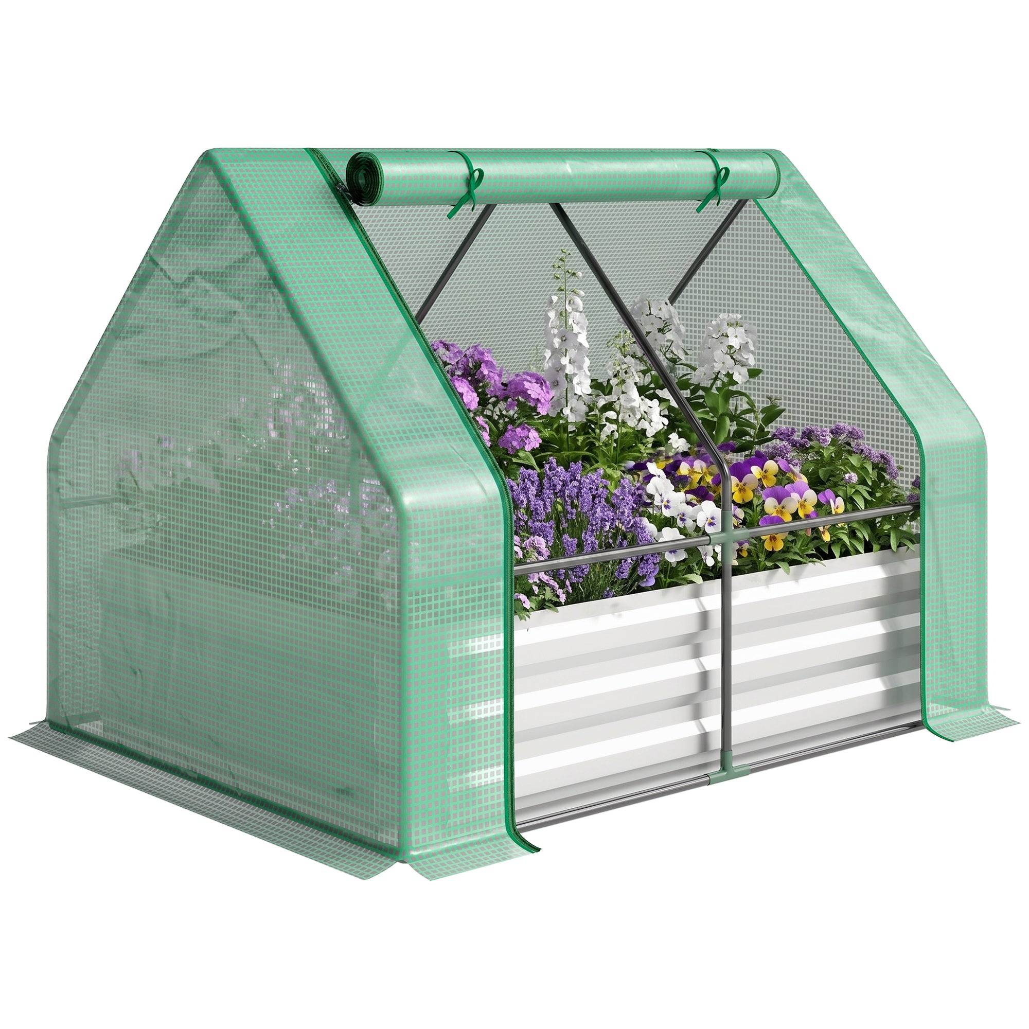 4 x 3ft Metal Planter Box with Mini Greenhouse, Galvanized Raised Garden Bed with Cover for Herbs and Vegetables, Small Greenhouse for Patio Garden Balcony, Green and Gray