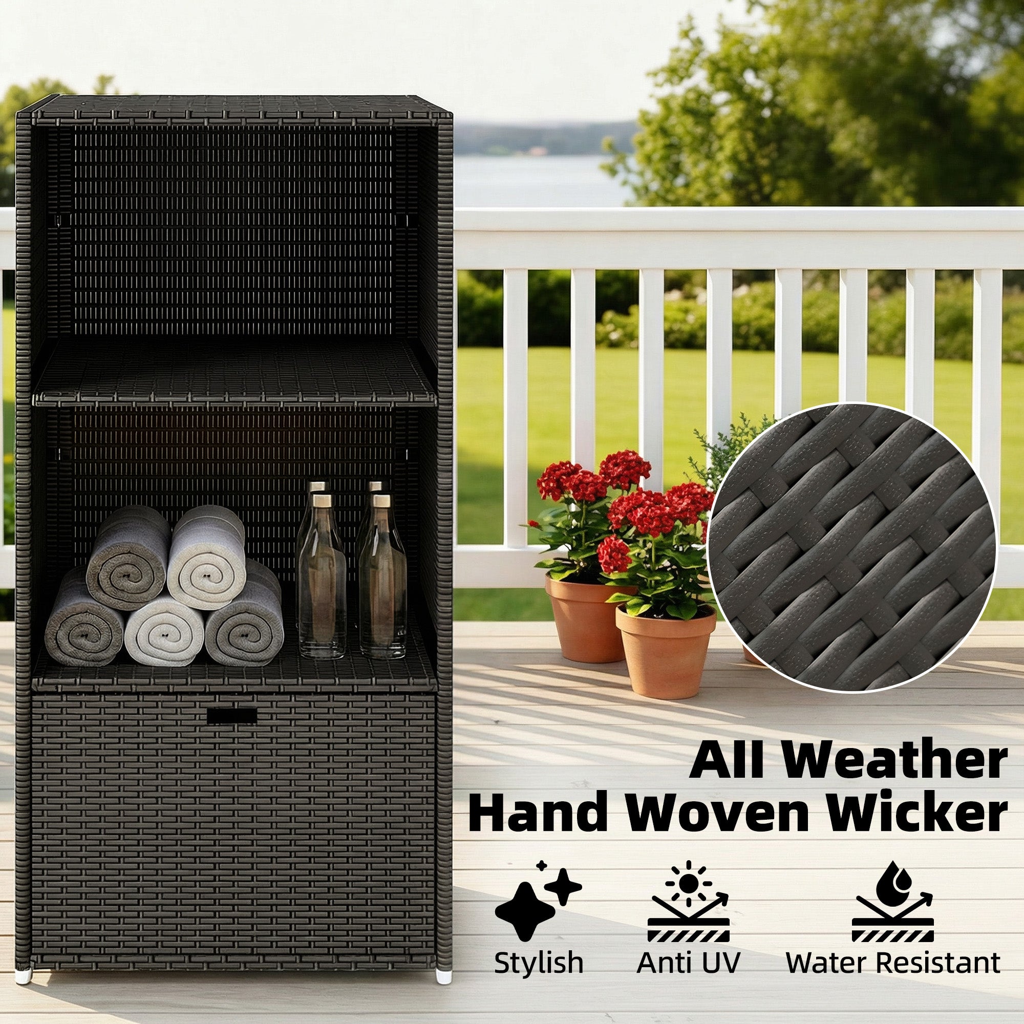 Valet Pool Towel Rack, Water-Resistant PE Plastic Rattan Wicker Storage Organizer, 2 Shelves, 1 Basket Drawer