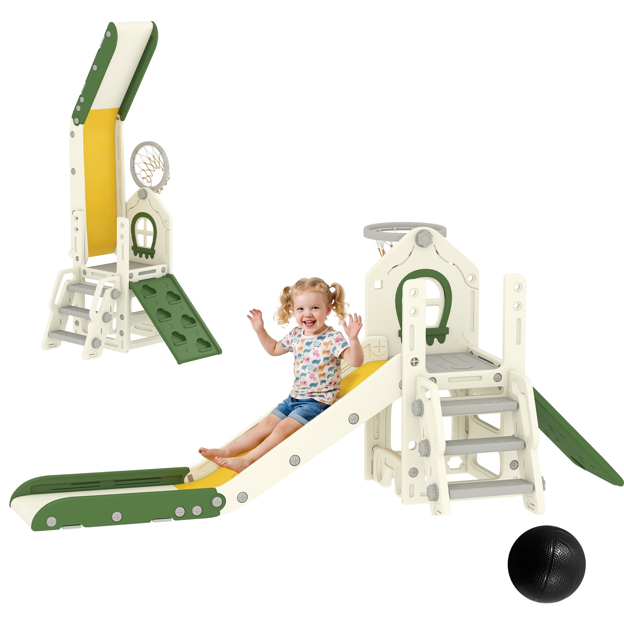Foldable 5 in 1 Toddler Slide with Ladder, Climbing Wall, Basketball Hoop, Storage and Basketball for 1-3 Years, Cream