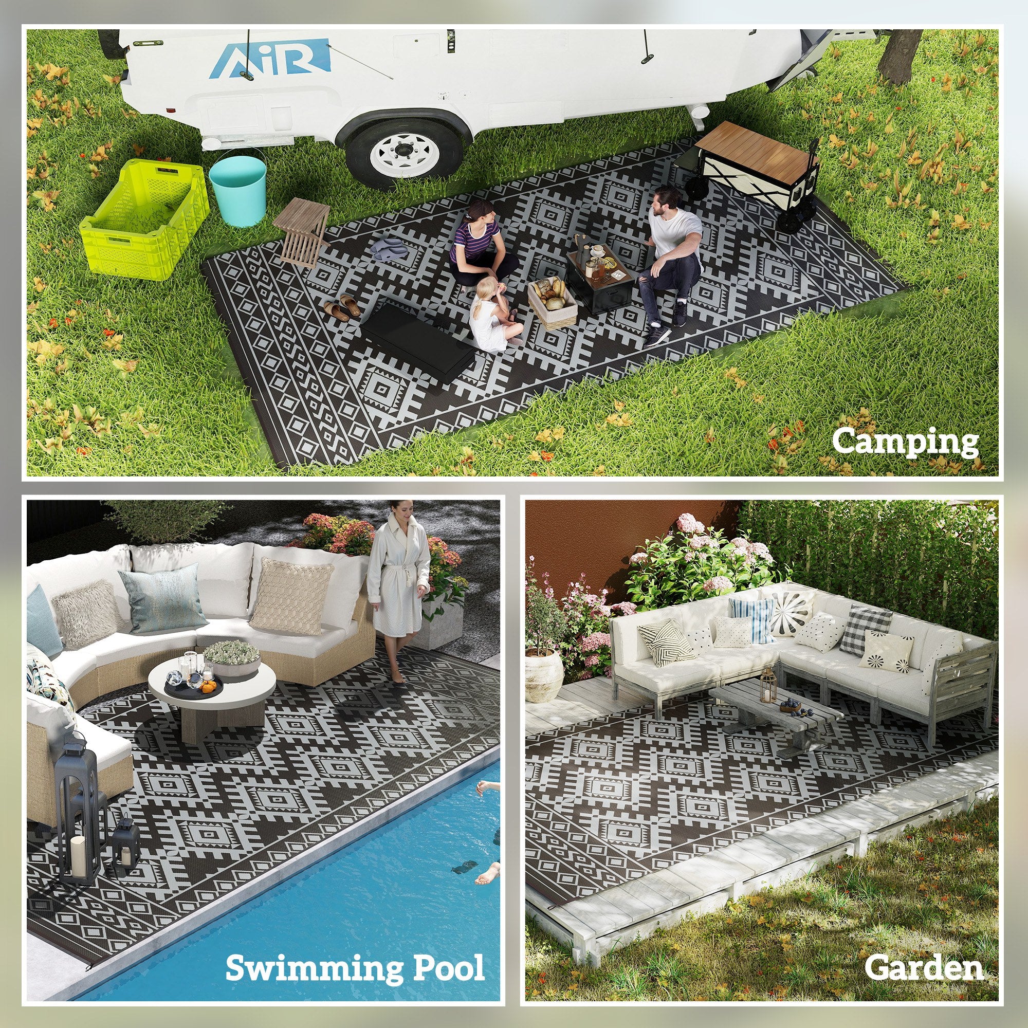 Reversible Outdoor Rug, Waterproof Plastic Straw with Carry Bag, 9' x 18', Black & Gray Rhombus Border
